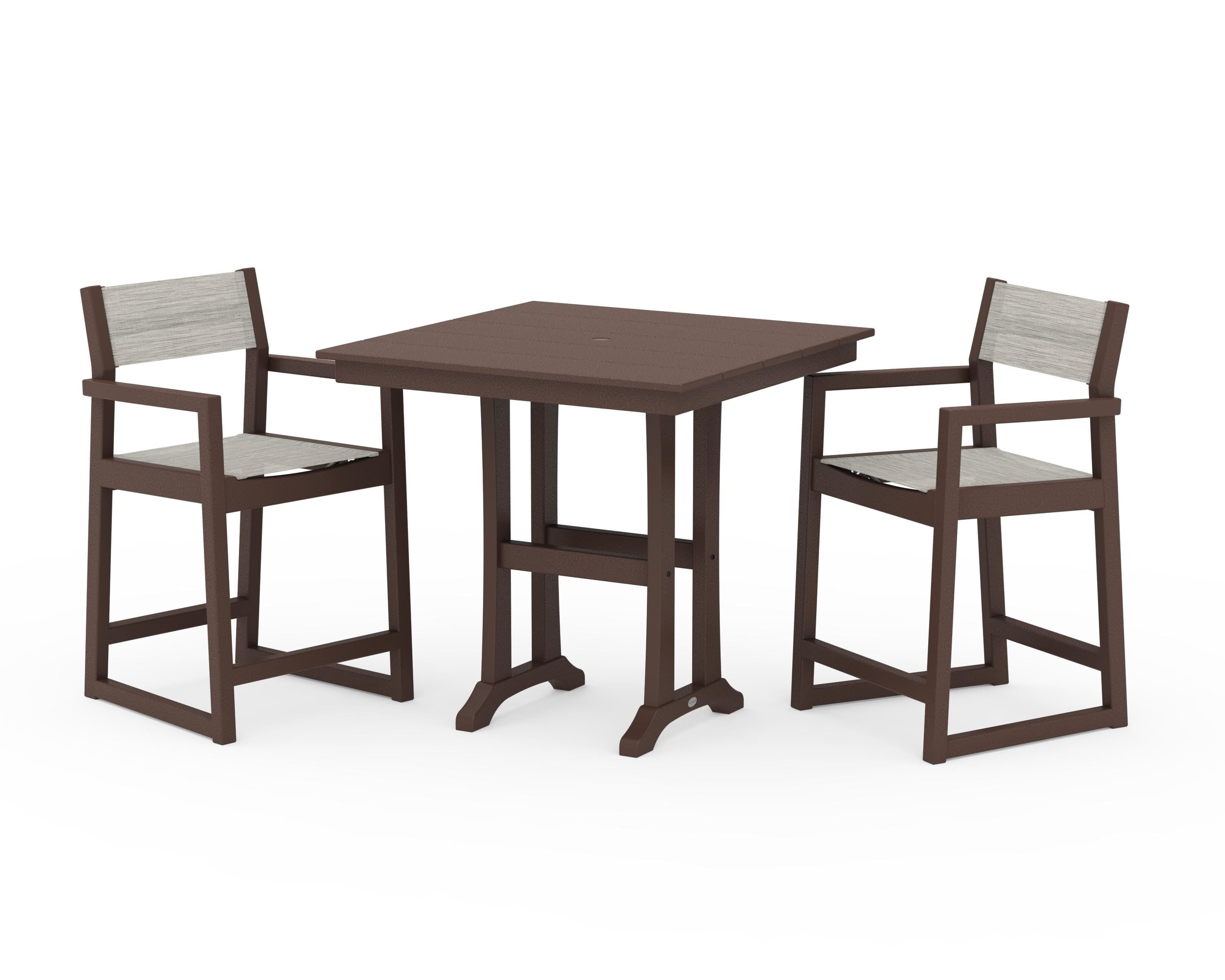 POLYWOOD EDGE Sling Arm Chair 3-Piece Farmhouse Counter Set with Trestle Legs in Mahogany / Birch Sling