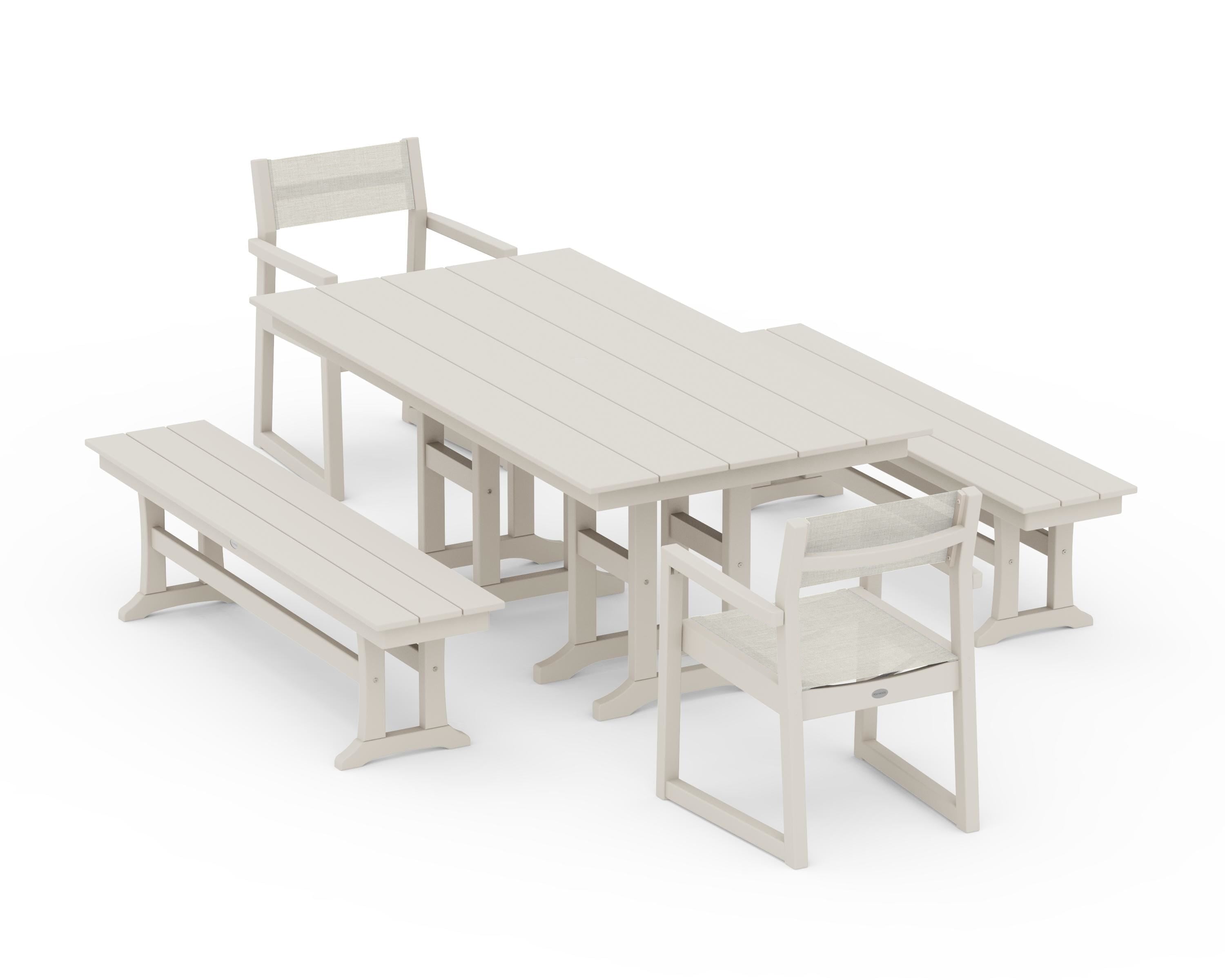 POLYWOOD EDGE Sling Arm Chair 5-Piece Farmhouse Dining Set with Benches in Sand / Parchment Sling