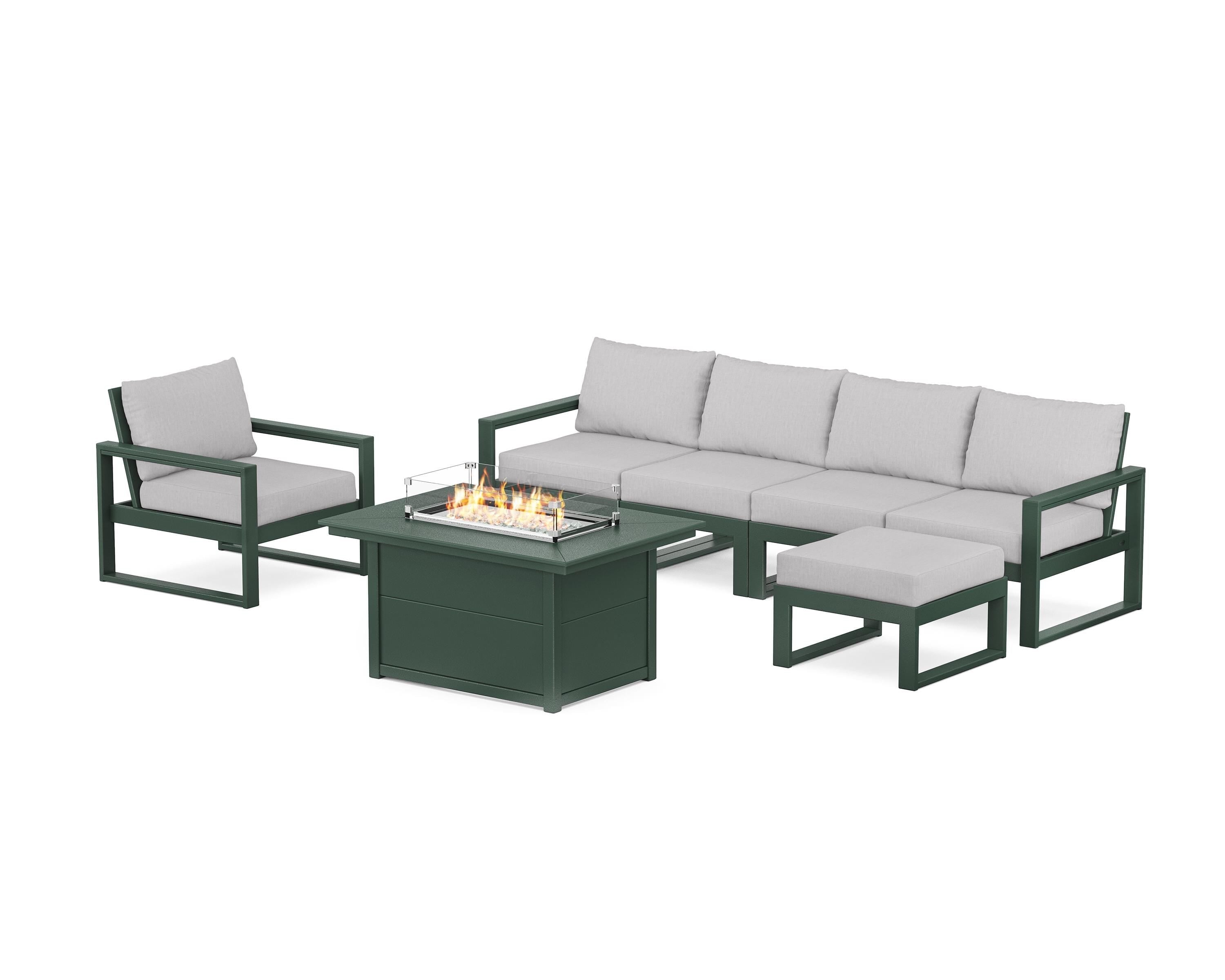 POLYWOOD EDGE Sectional Lounge and Fire Pit Set in Green / Granite