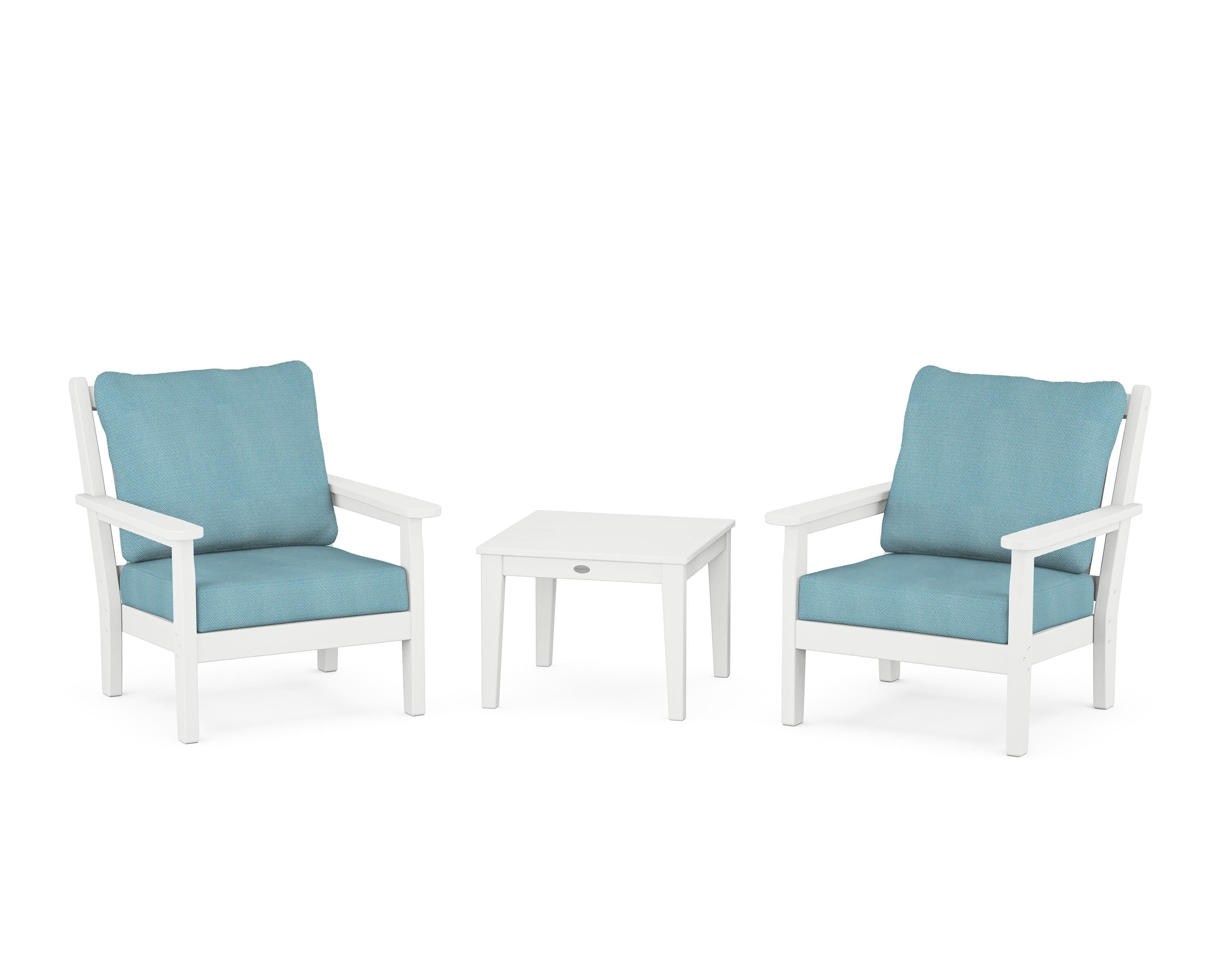 POLYWOOD Chippendale 3-Piece Deep Seating Set in White / Lattice Sky Blue