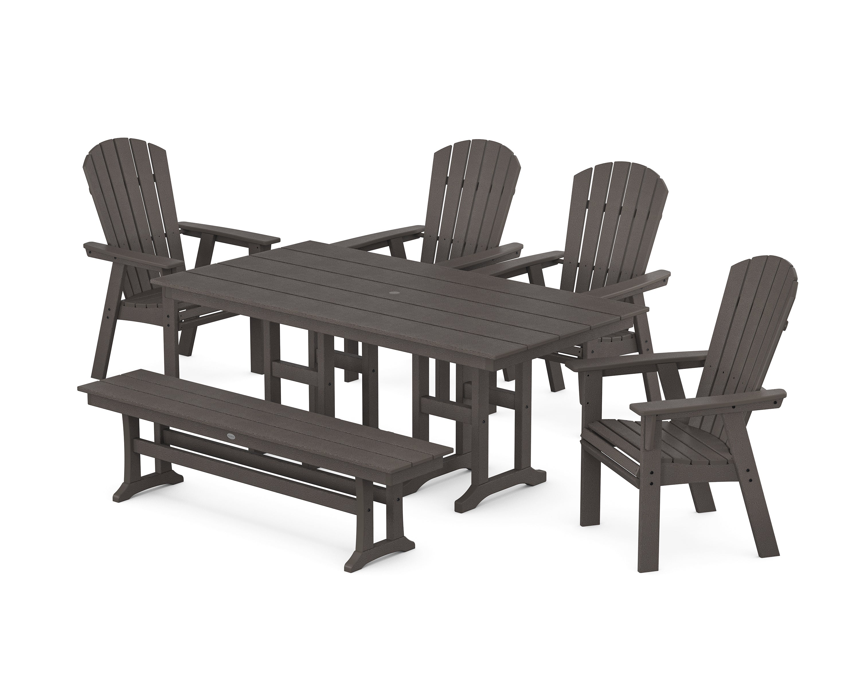 POLYWOOD Nautical Curveback Adirondack 6-Piece Farmhouse Dining Set with Bench in Vintage Coffee