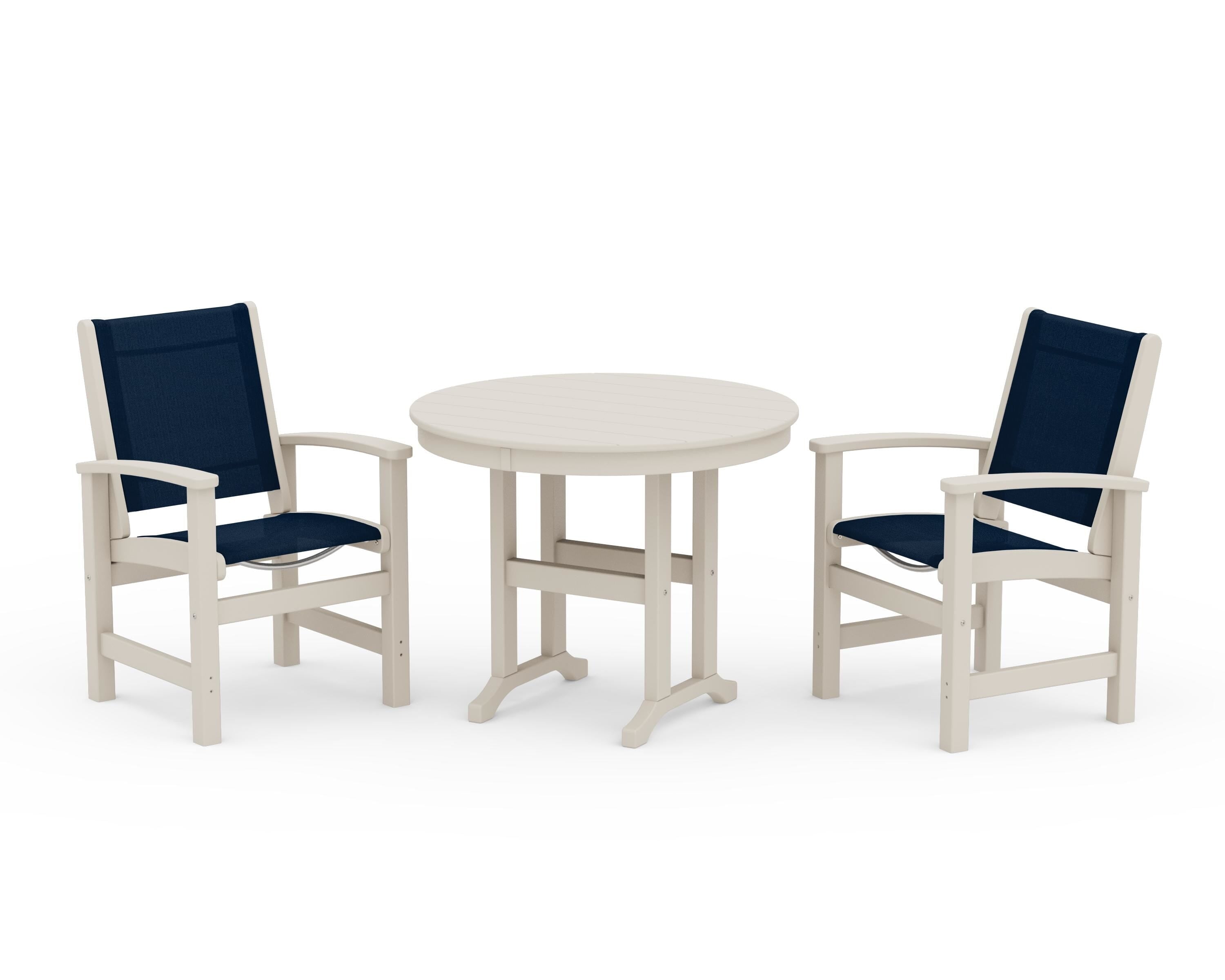 POLYWOOD Coastal 3-Piece Round Dining Set in Sand / Navy Blue Sling