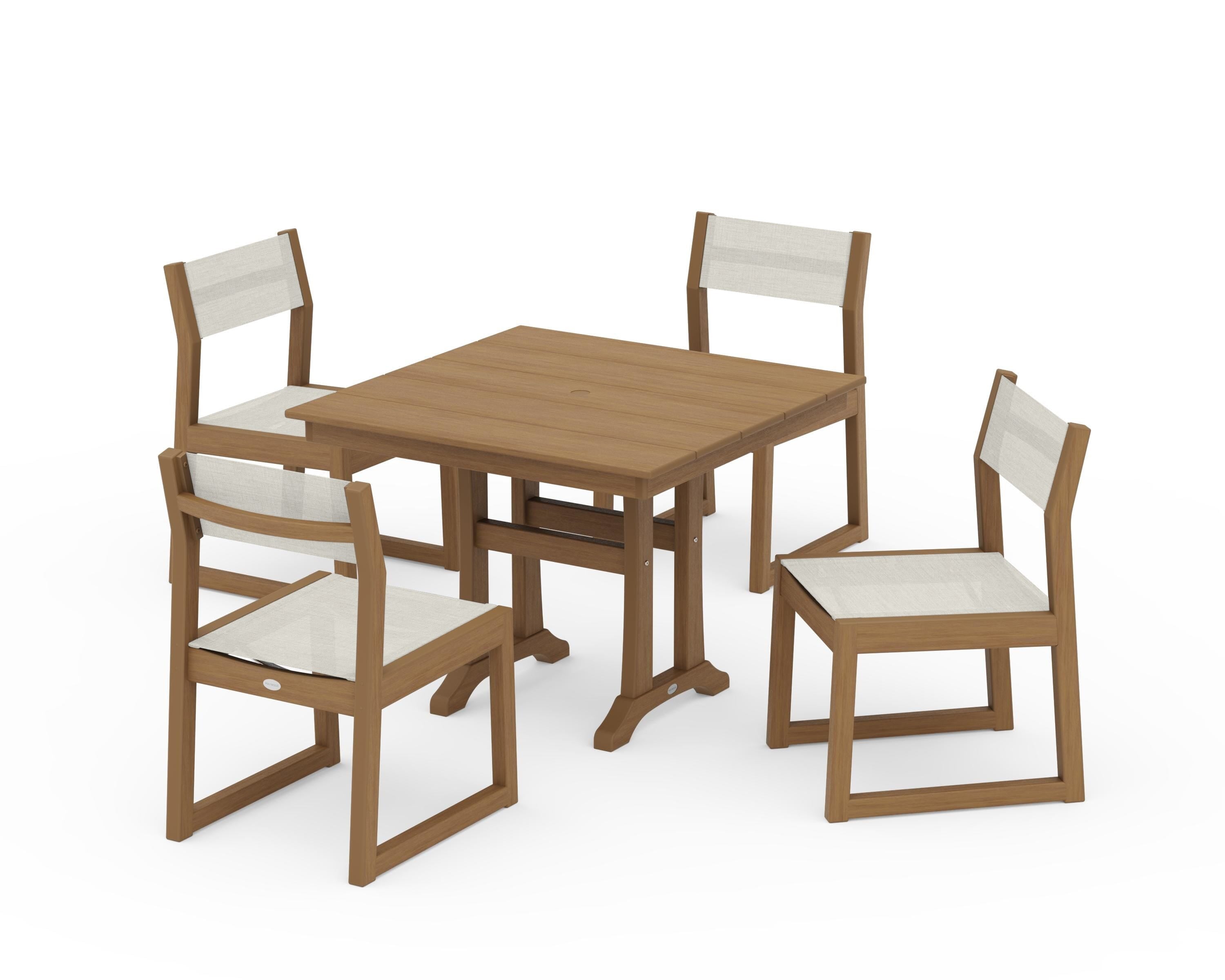 POLYWOOD EDGE Sling 5-Piece Farmhouse Trestle Side Chair Dining Set in Natural / Parchment Sling