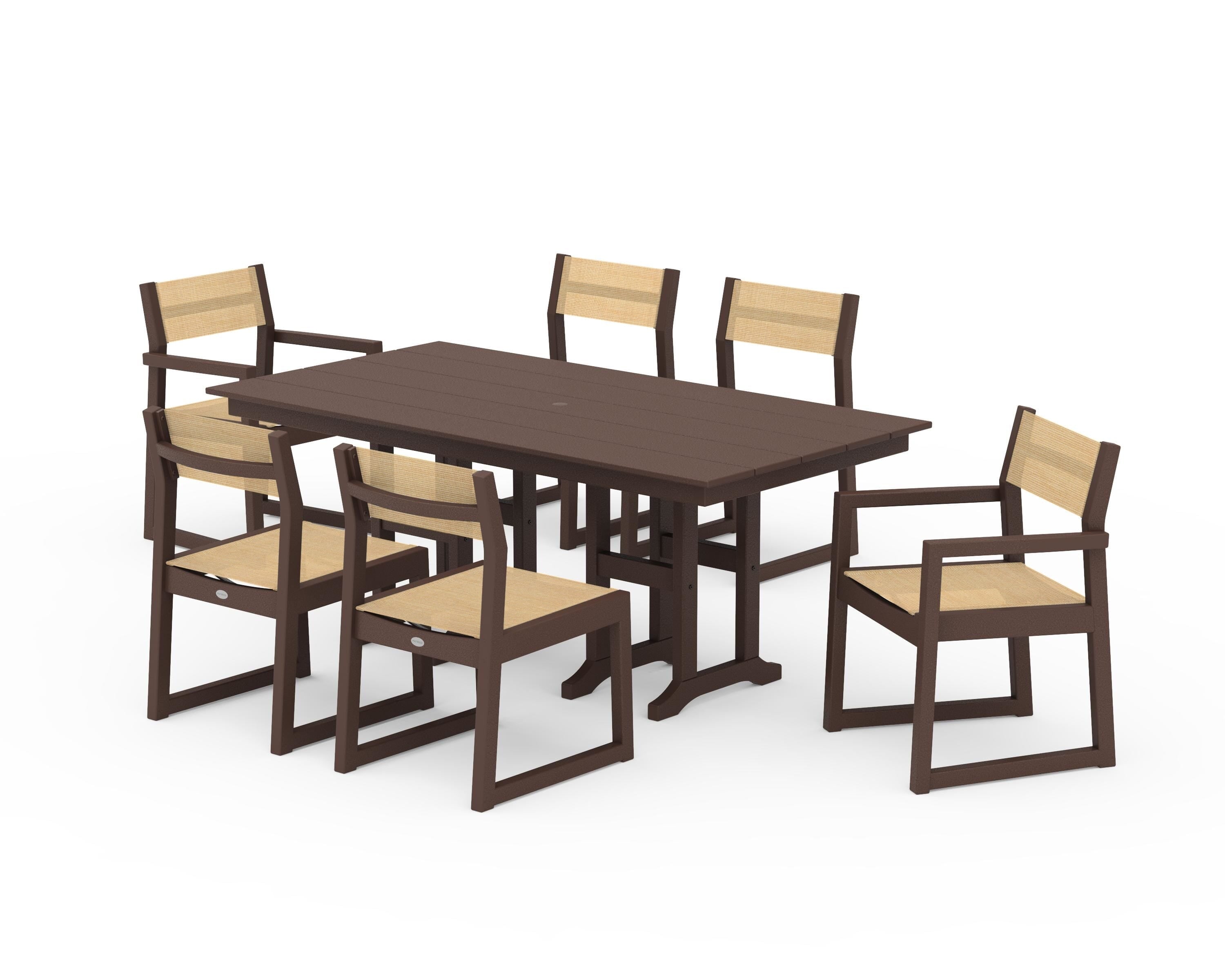 POLYWOOD EDGE Sling 7-Piece Farmhouse Dining Set in Mahogany / Dupioni Apricot Sling
