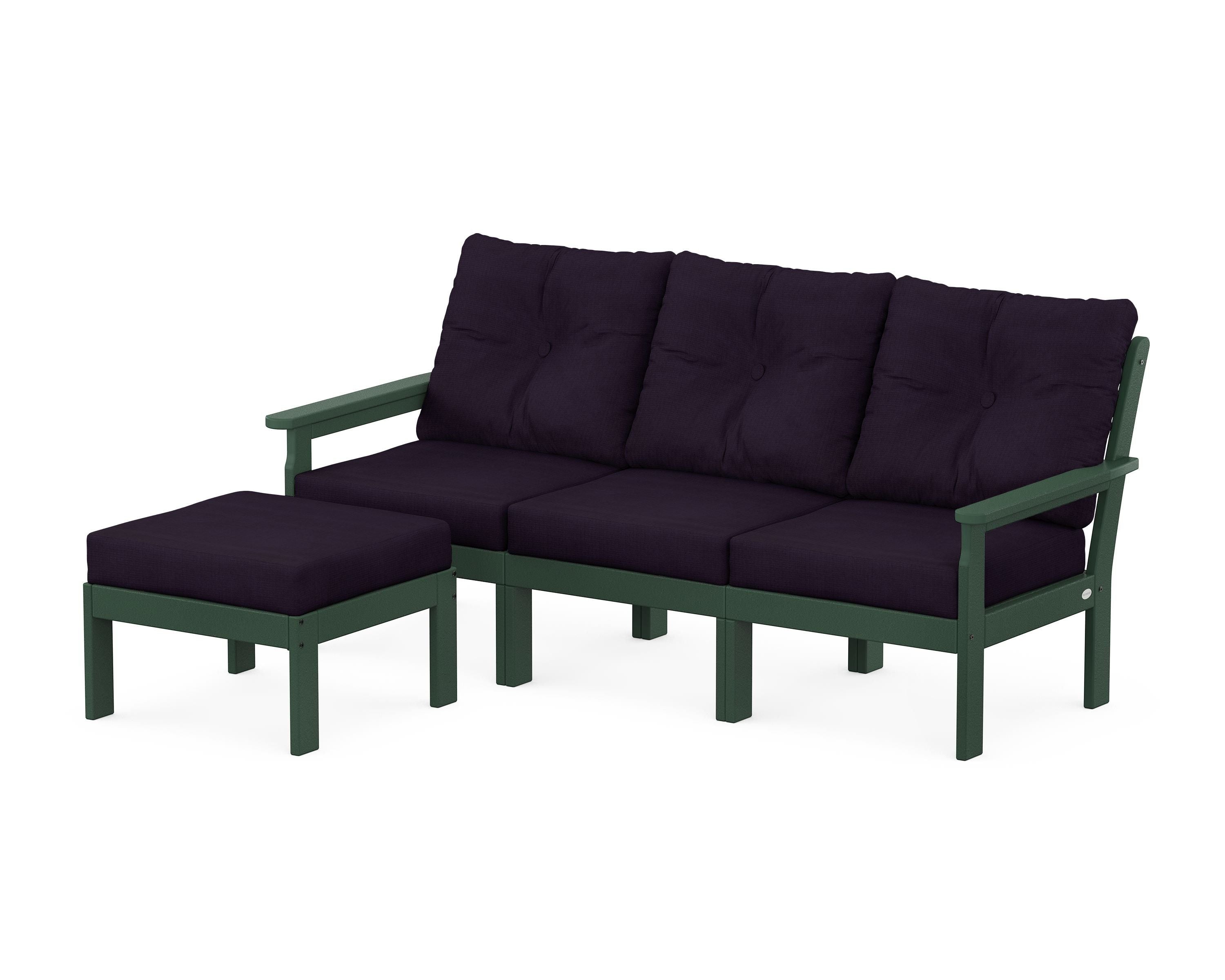 POLYWOOD Vineyard 4-Piece Sectional with Ottoman in Green / Navy Linen
