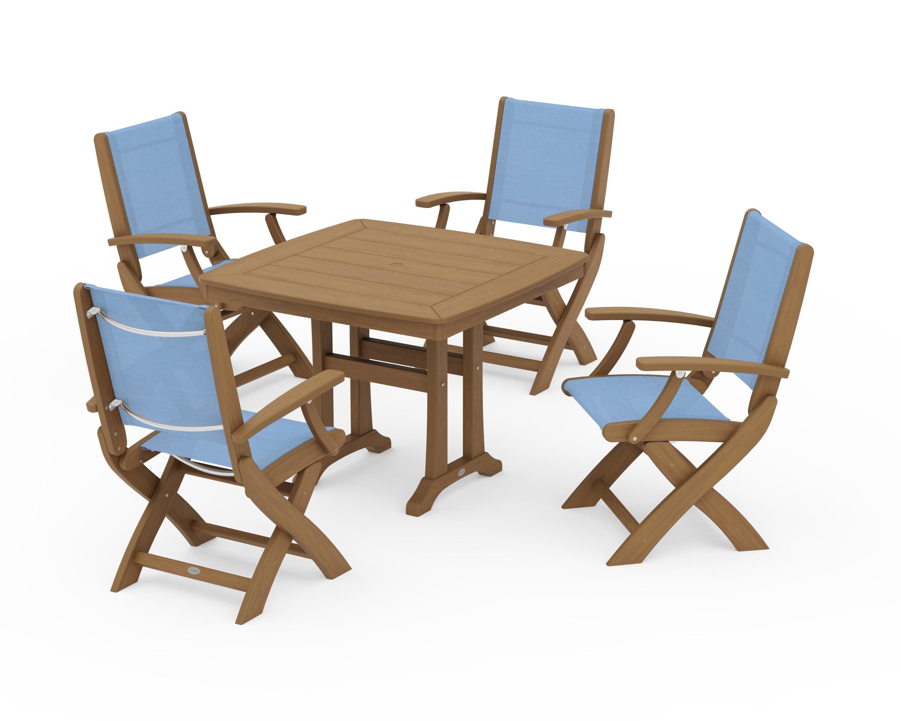 POLYWOOD Coastal Folding Chair 5-Piece Dining Set with Trestle Legs in Natural / Poolside Sling