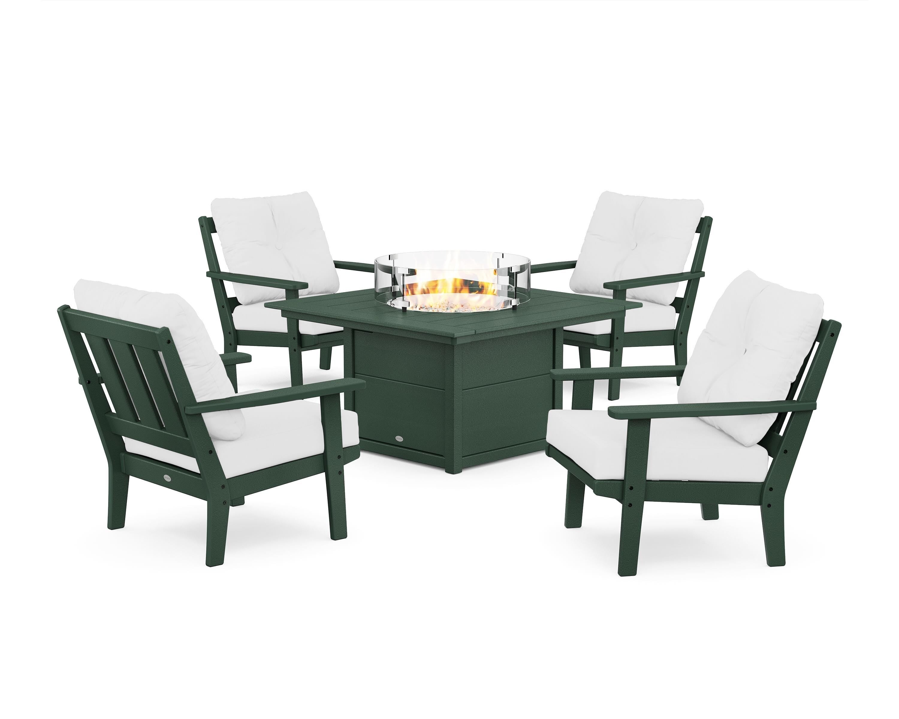 POLYWOOD Oxford 5-Piece Deep Seating Set with Fire Pit Table in Green / Natural