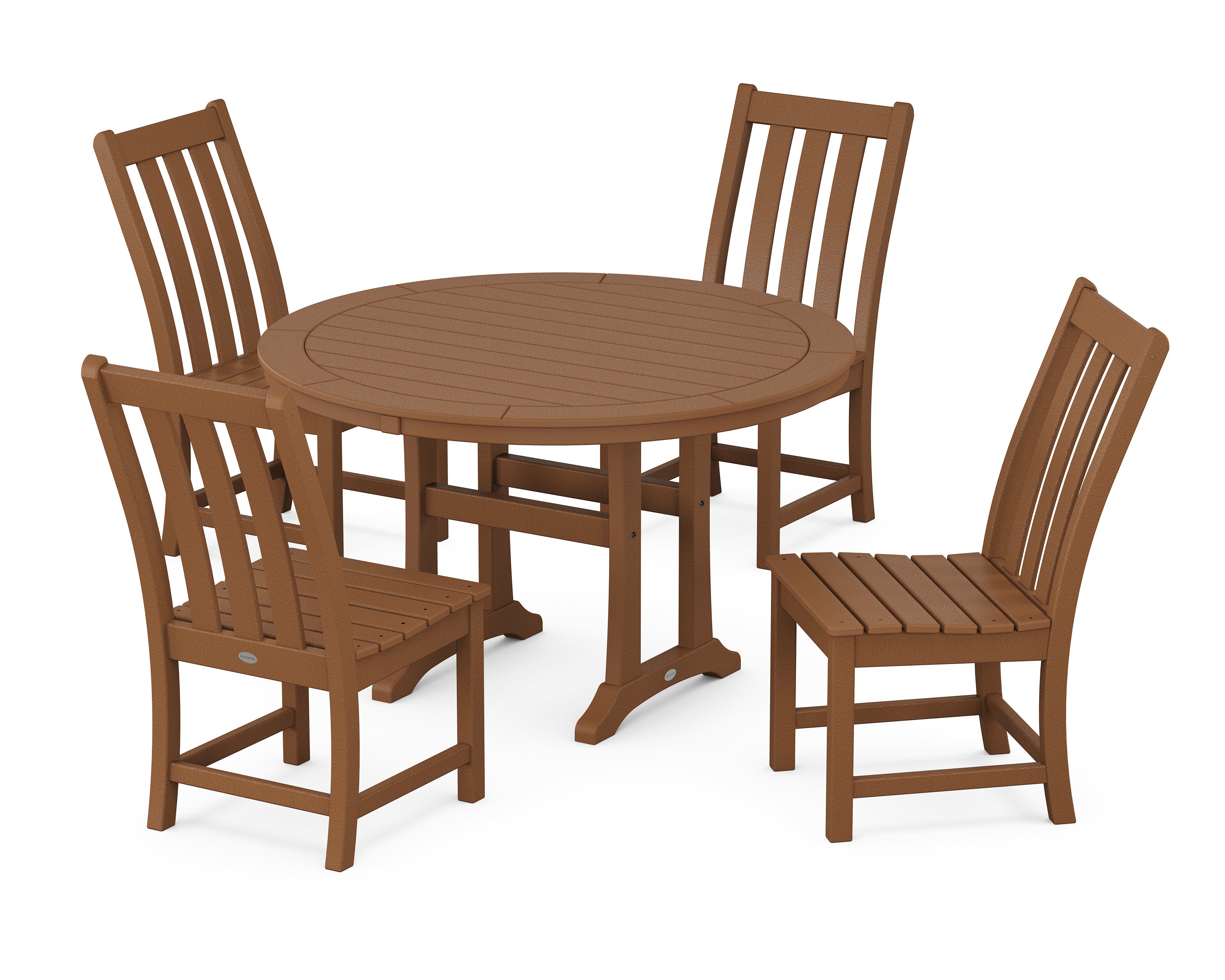 POLYWOOD® Vineyard Side Chair 5-Piece Round Dining Set With Trestle Legs in Teak