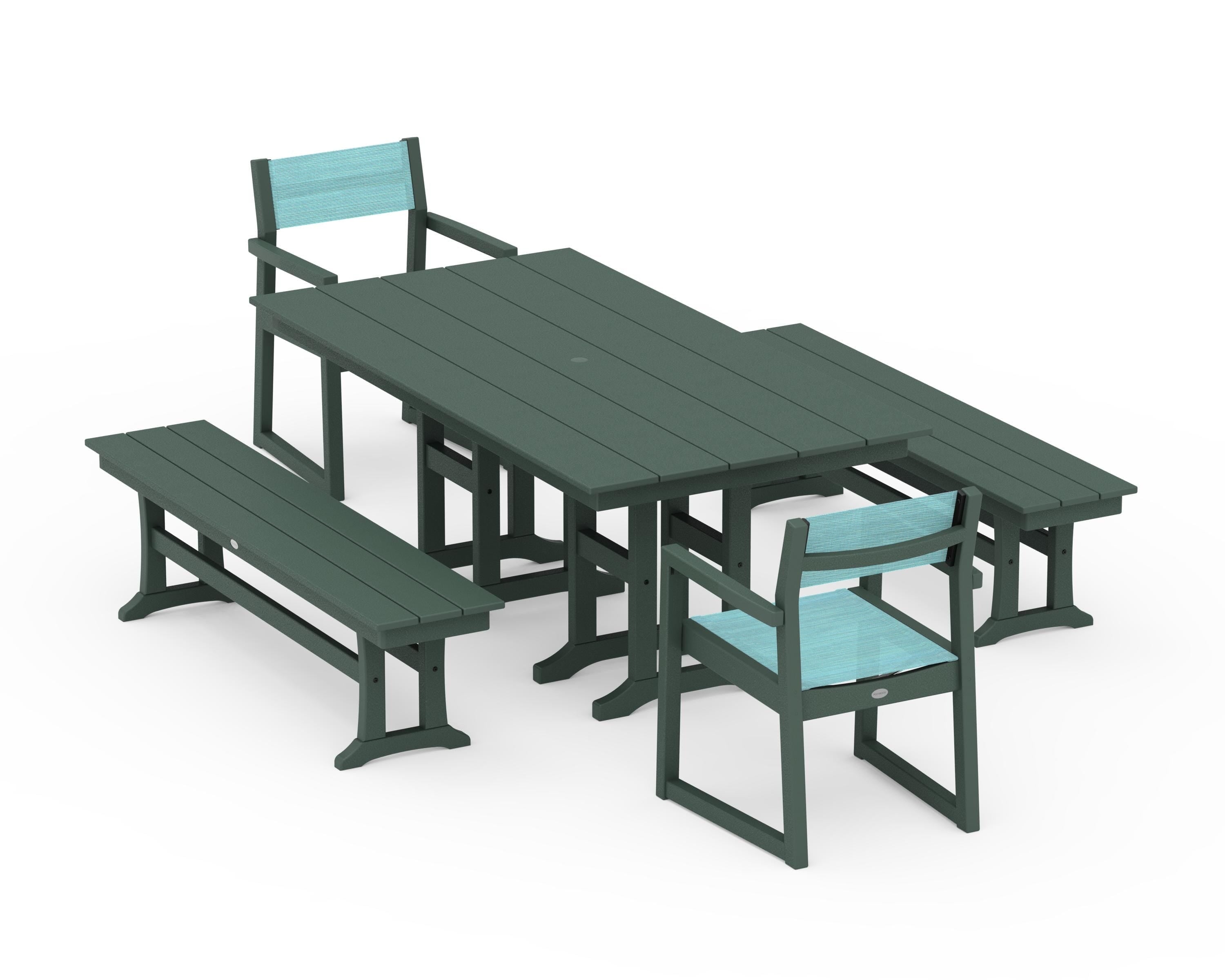 POLYWOOD EDGE Sling Arm Chair 5-Piece Farmhouse Dining Set with Benches in Green / Dupioni Aquamarine Sling