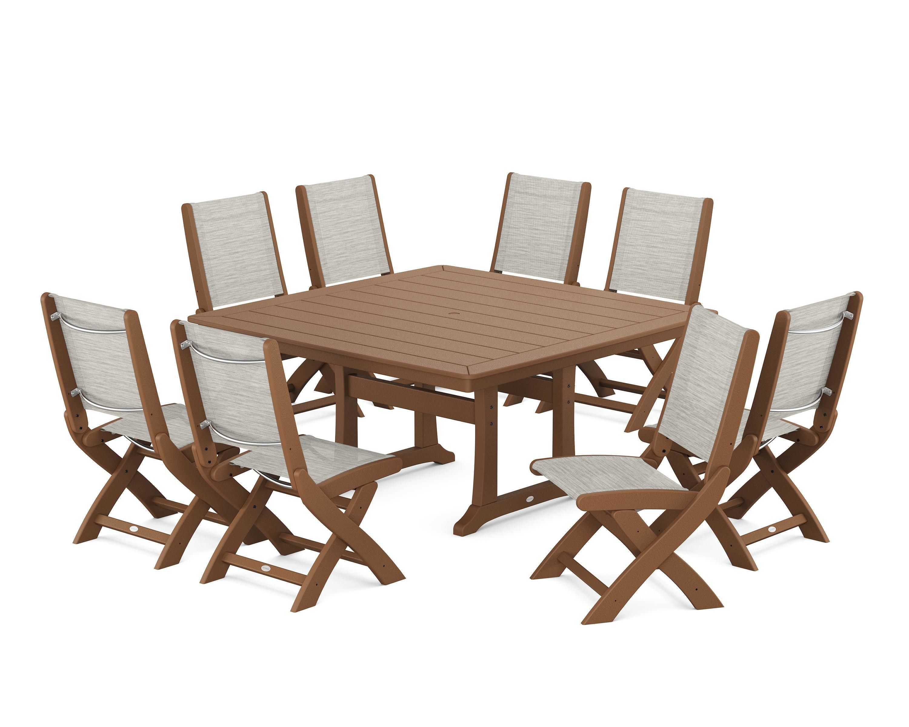 POLYWOOD Coastal Folding Side Chair 9-Piece Dining Set with Trestle Legs in Teak / Birch Sling