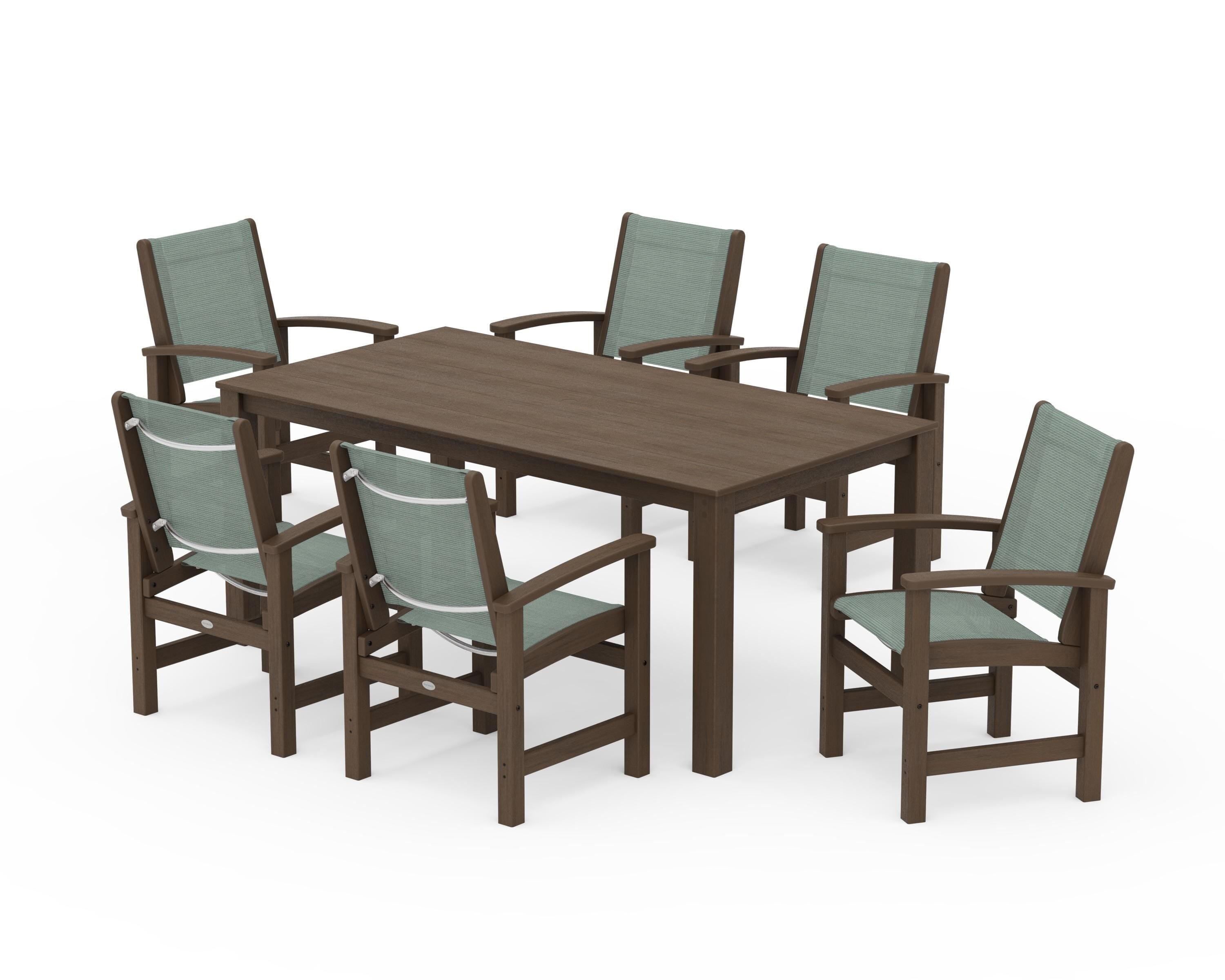 POLYWOOD Coastal 7-Piece Parsons Dining Set in Kona / Dupioni Sea Mist Sling