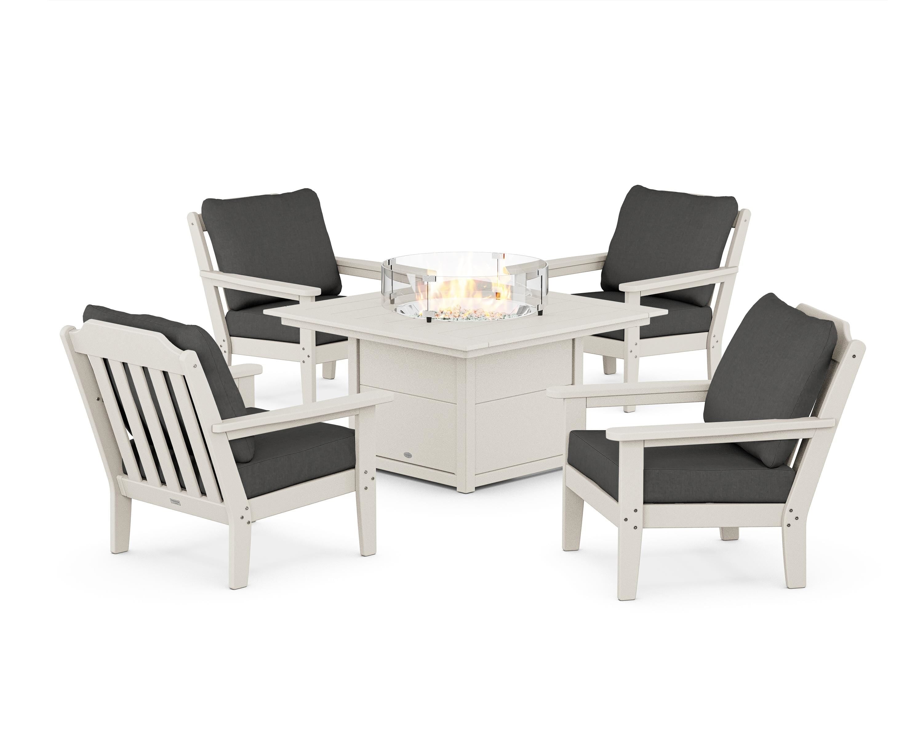 Country Living Cottage 5-Piece Deep Seating Set with Fire Pit Table in Sand / Spectrum Carbon