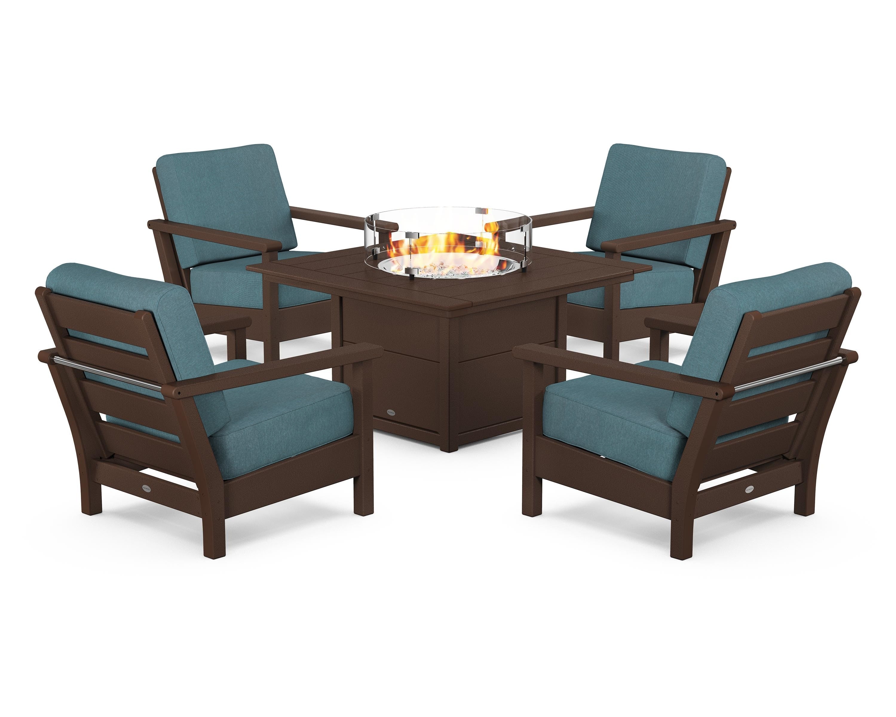 POLYWOOD Harbour 5-Piece Conversation Set with Fire Pit Table in Mahogany / Ocean Teal