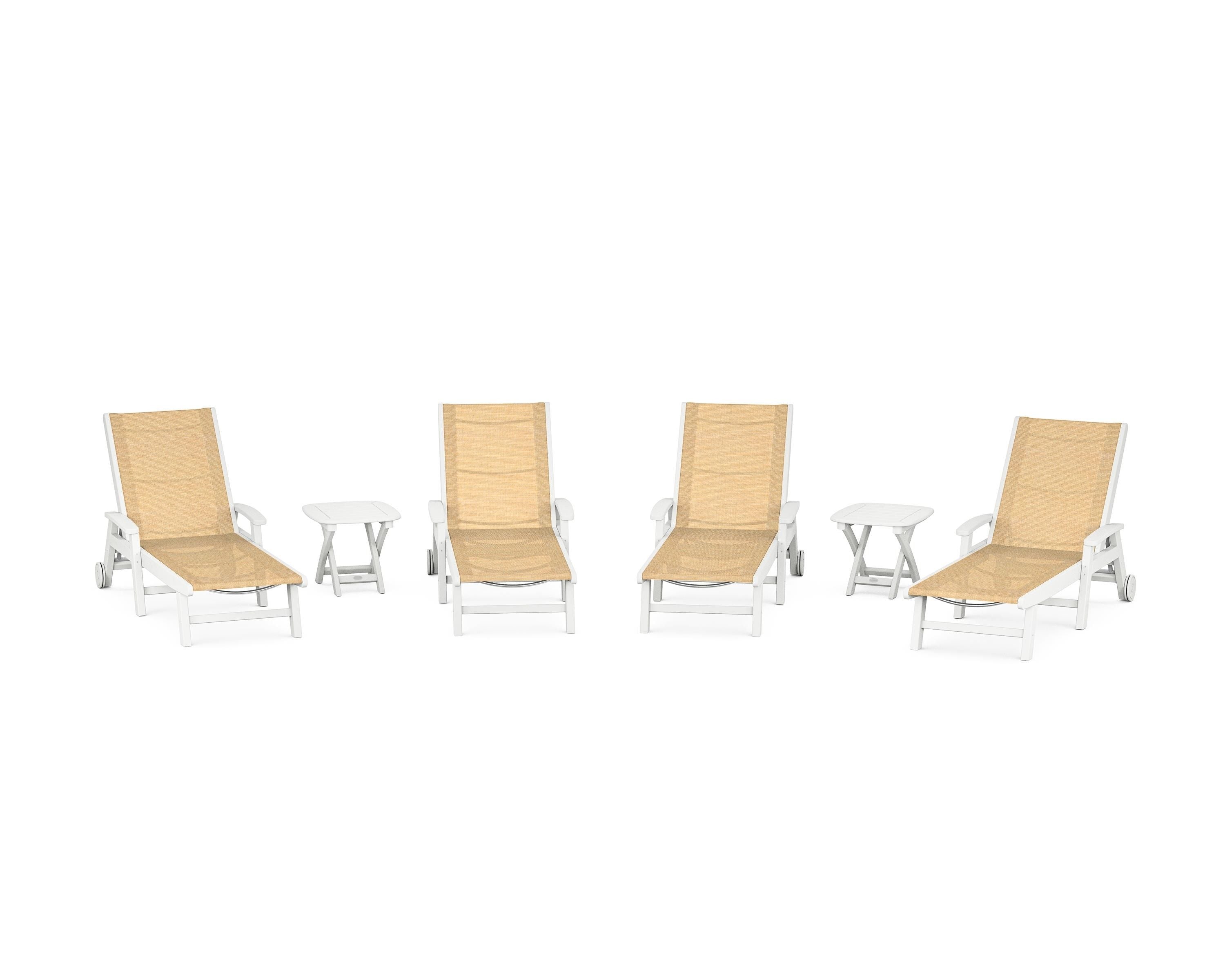 POLYWOOD Coastal Chaise 6-Piece Set with Wheels in White / Dupioni Apricot Sling