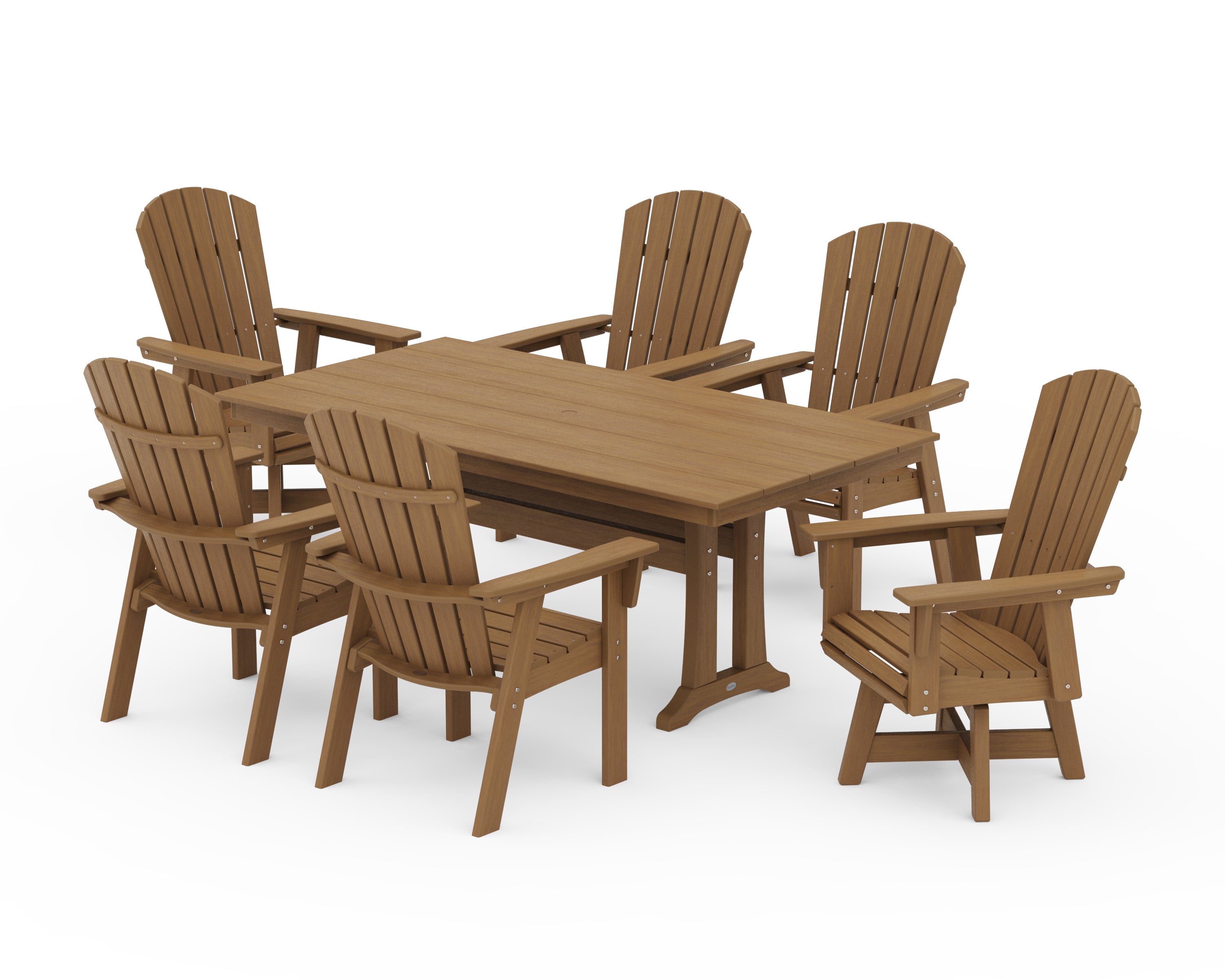 POLYWOOD Nautical Curveback Adirondack Swivel Chair 7-Piece Farmhouse Dining Set With Trestle Legs in Natural