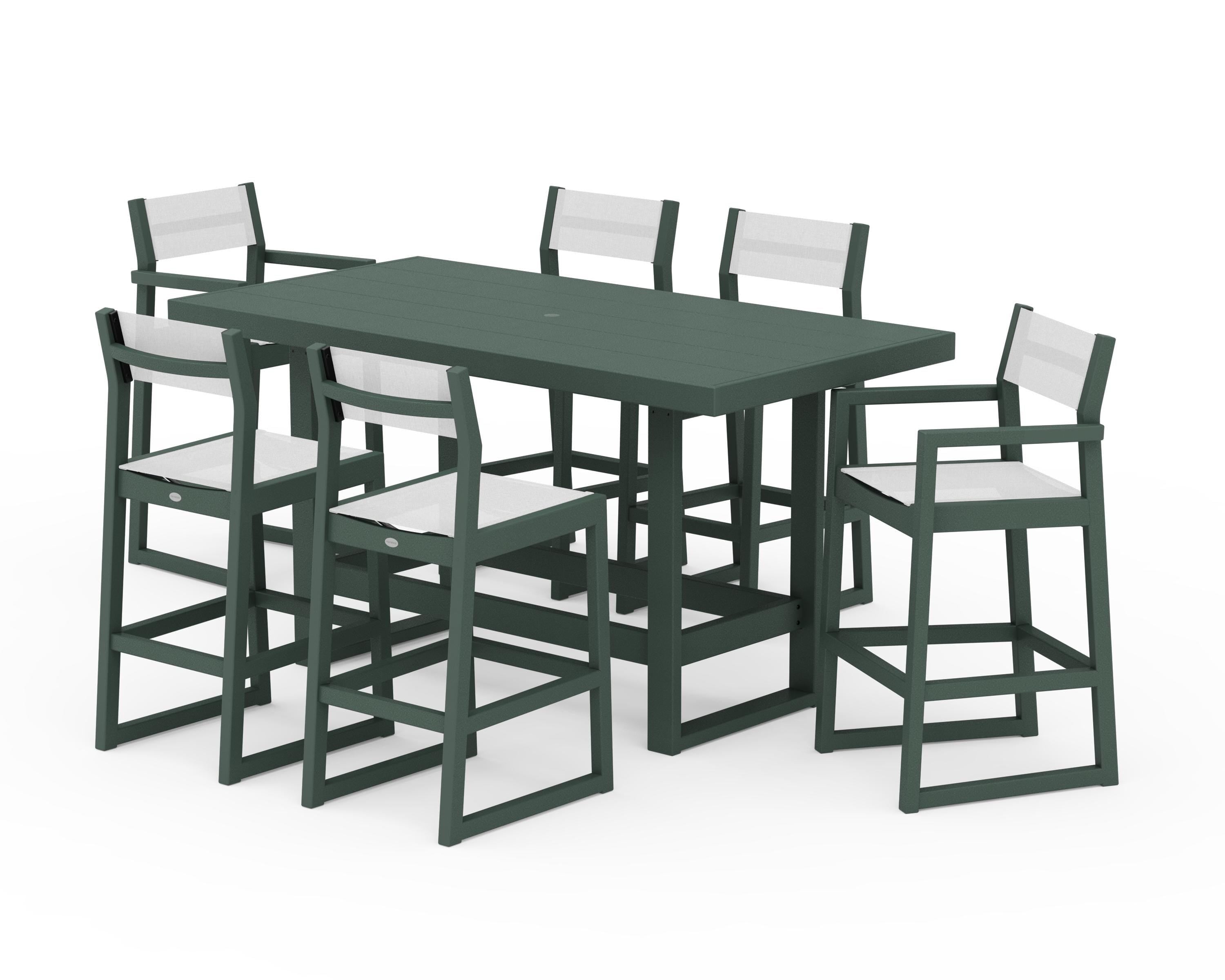 POLYWOOD EDGE Sling 7-Piece Bar Table Set in Green / White Sling
