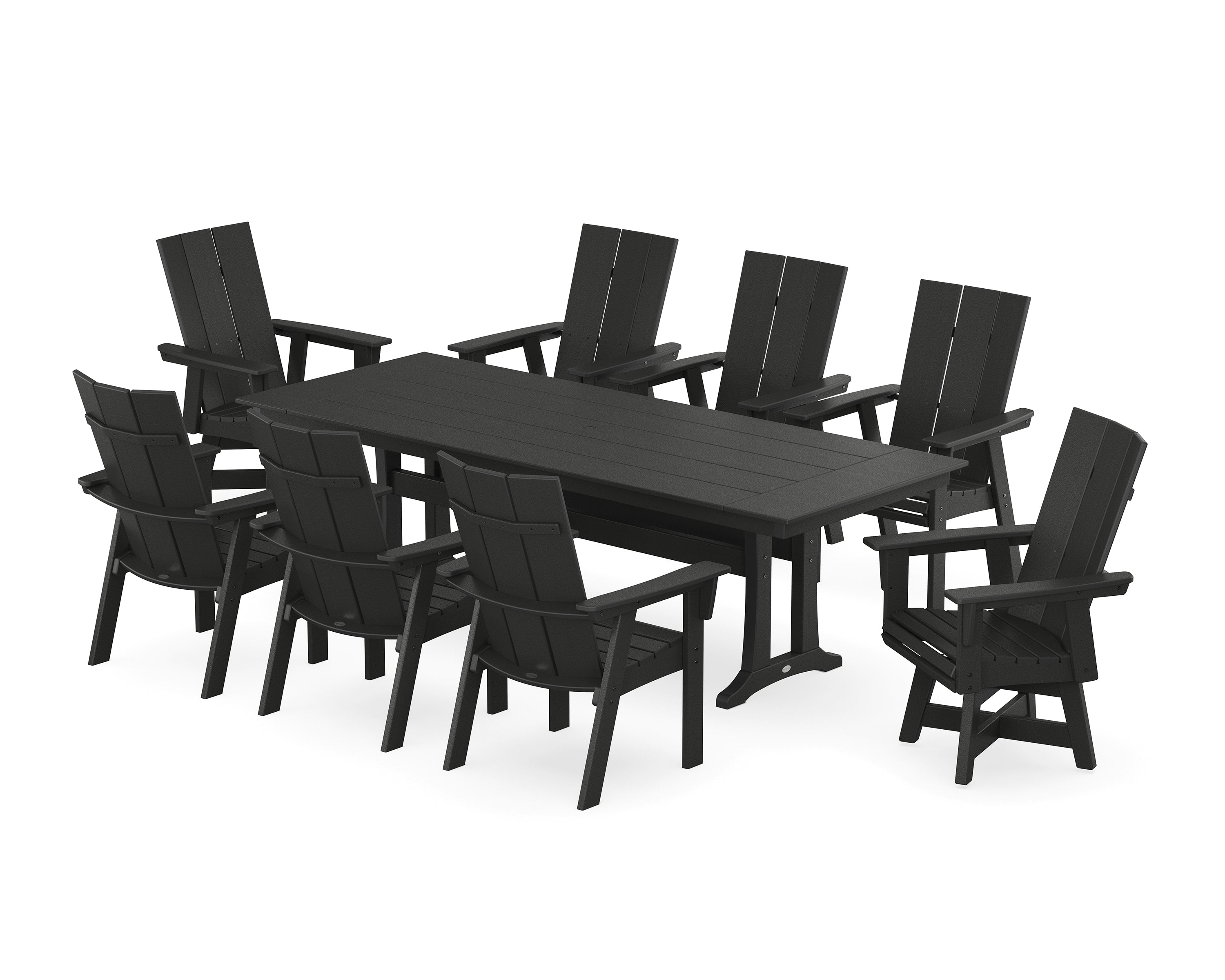 POLYWOOD® Modern Curveback Adirondack Swivel 9-Piece Farmhouse Dining Set with Trestle Legs in Black