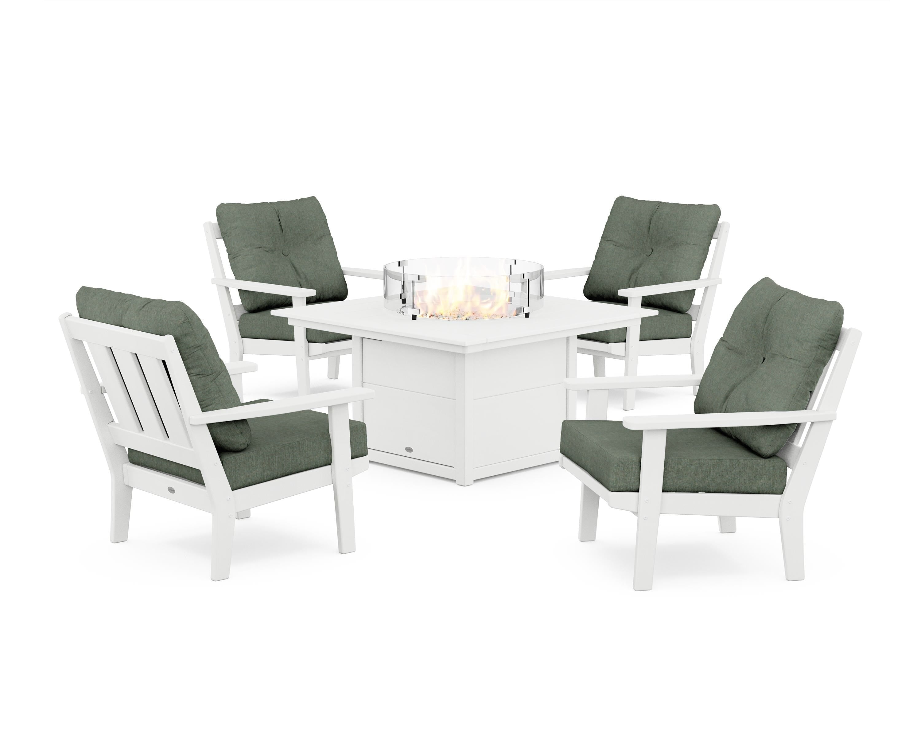 POLYWOOD Oxford 5-Piece Deep Seating Set with Fire Pit Table in White / Cast Sage