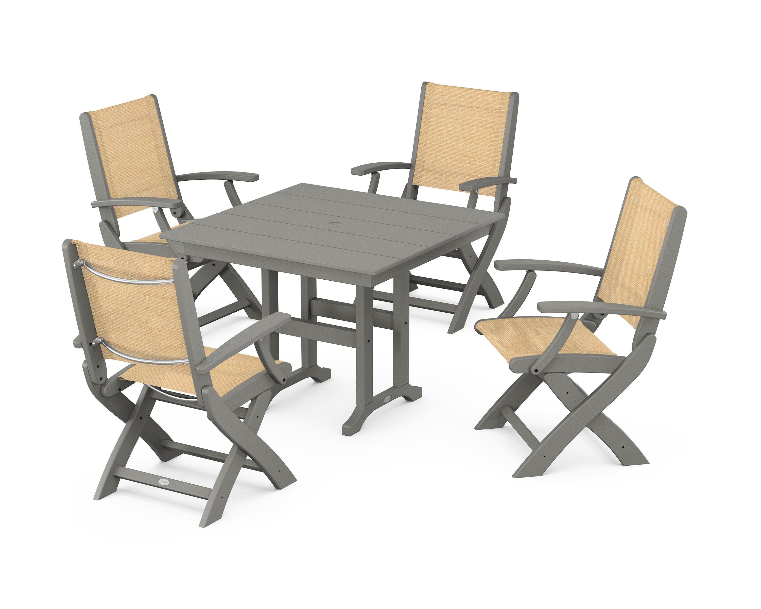 POLYWOOD Coastal Folding Chair 5-Piece Farmhouse Dining Set in Slate Grey / Dupioni Apricot Sling