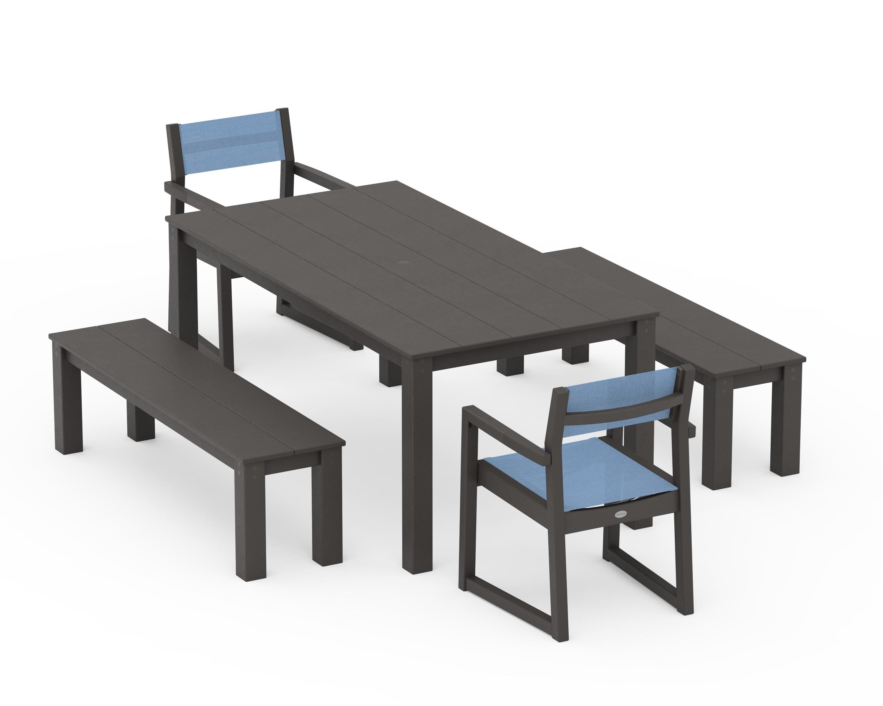 POLYWOOD EDGE Sling Arm Chair 5-Piece Parsons Dining Set with Benches in Vintage Coffee / Poolside Sling