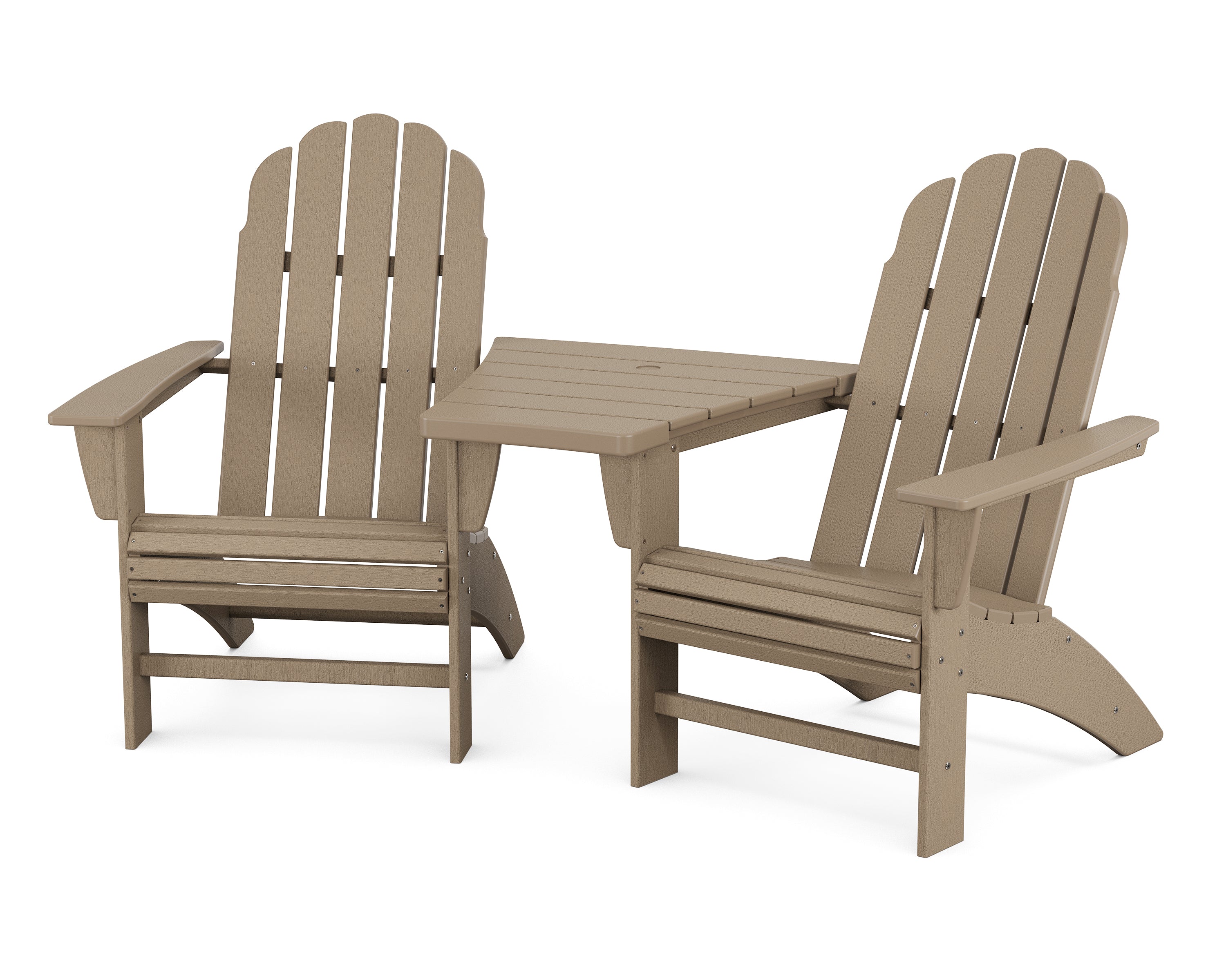 POLYWOOD® Vineyard 3-Piece Curveback Adirondack Set with Angled Connecting Table in Vintage Sahara