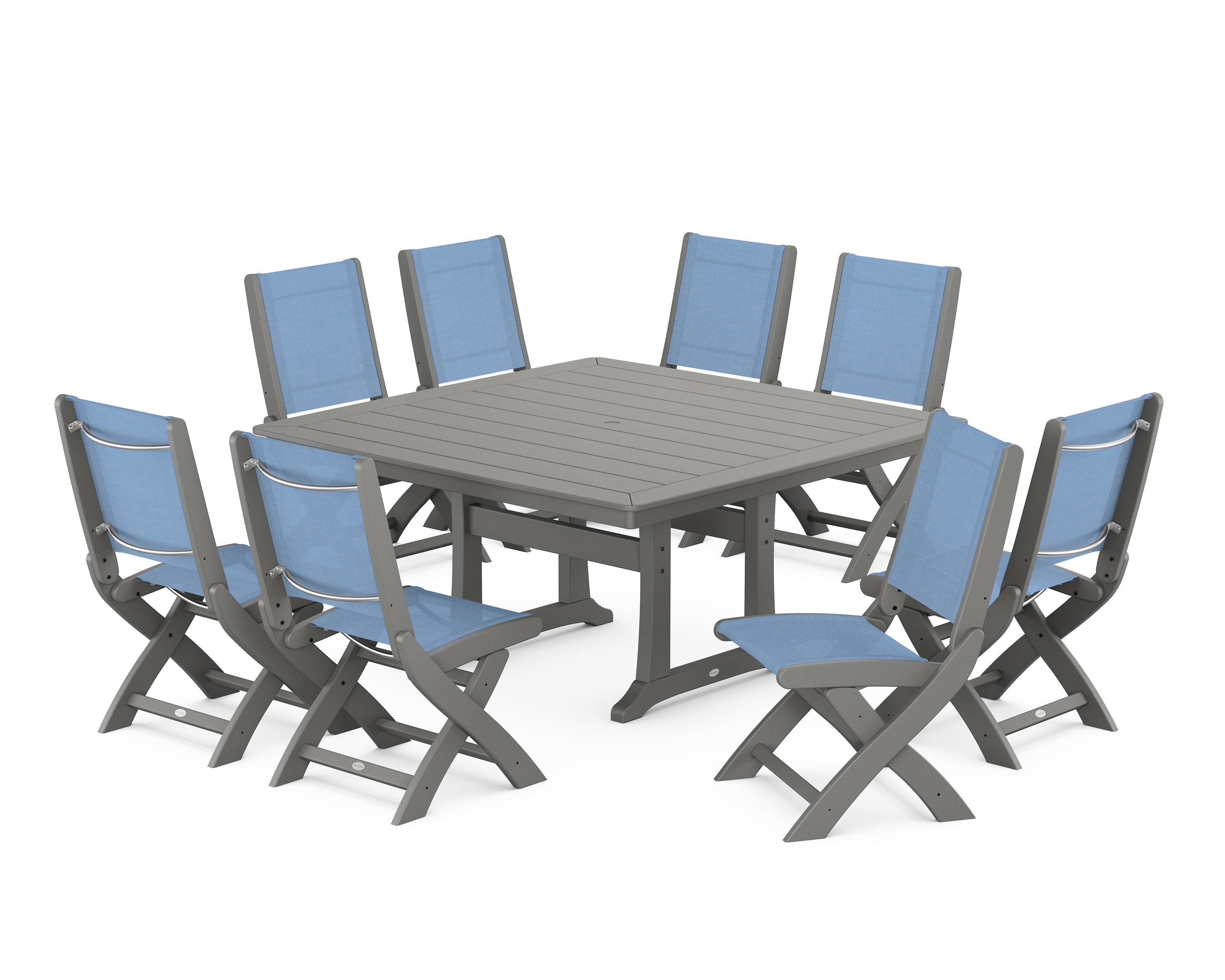 POLYWOOD Coastal Folding Side Chair 9-Piece Dining Set with Trestle Legs in Slate Grey / Poolside Sling