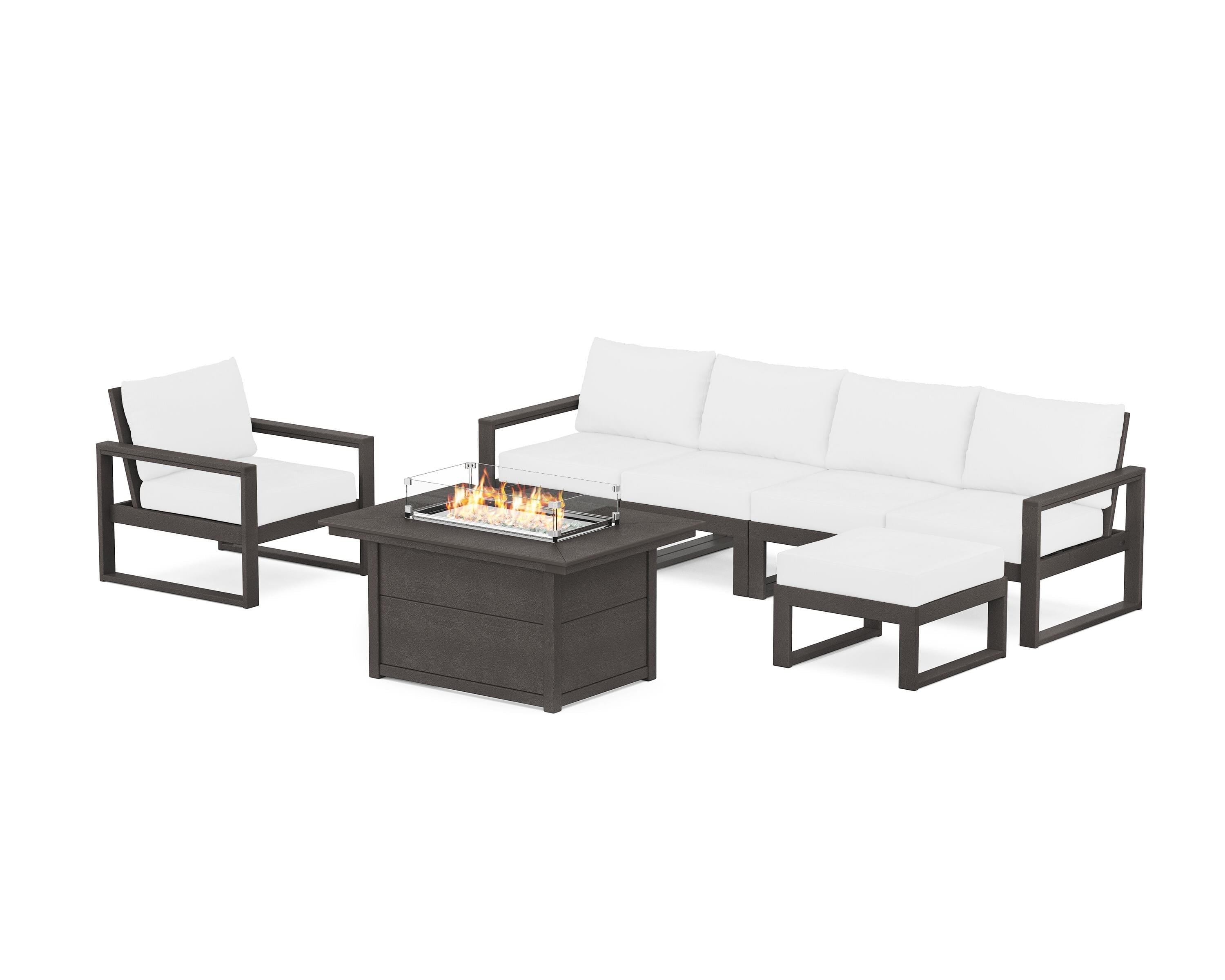 POLYWOOD EDGE Sectional Lounge and Fire Pit Set in Vintage Coffee / Natural
