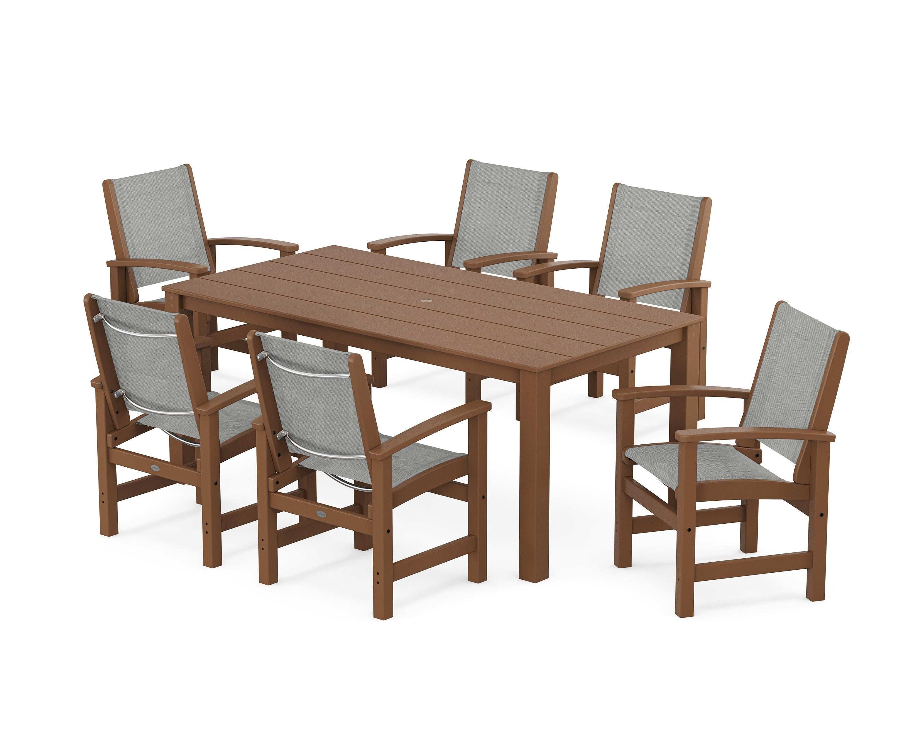 POLYWOOD Coastal 7-Piece Parsons Dining Set in Teak / Metallic Sling