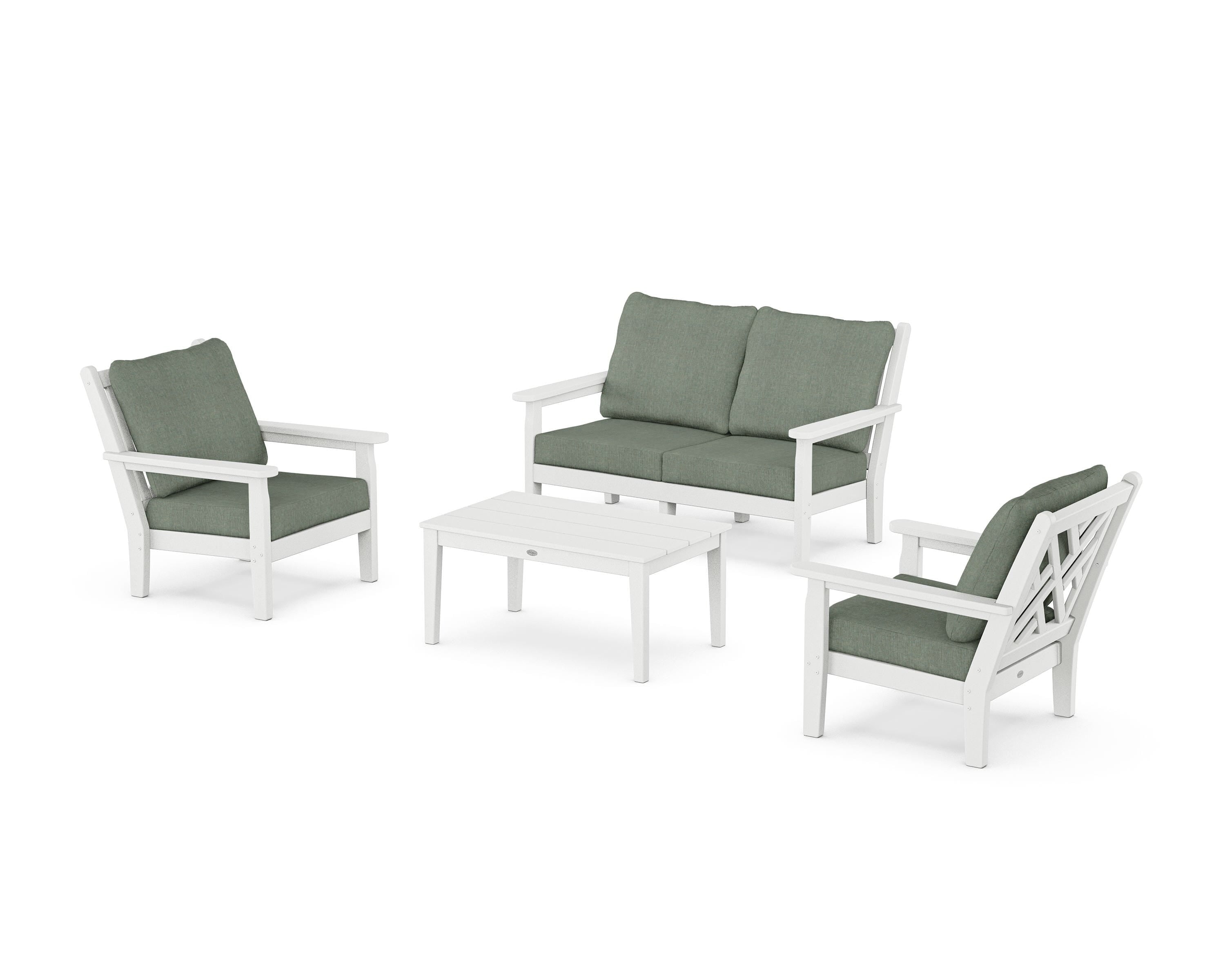 POLYWOOD Chippendale 4-Piece Deep Seating Set with Loveseat in White / Cast Sage