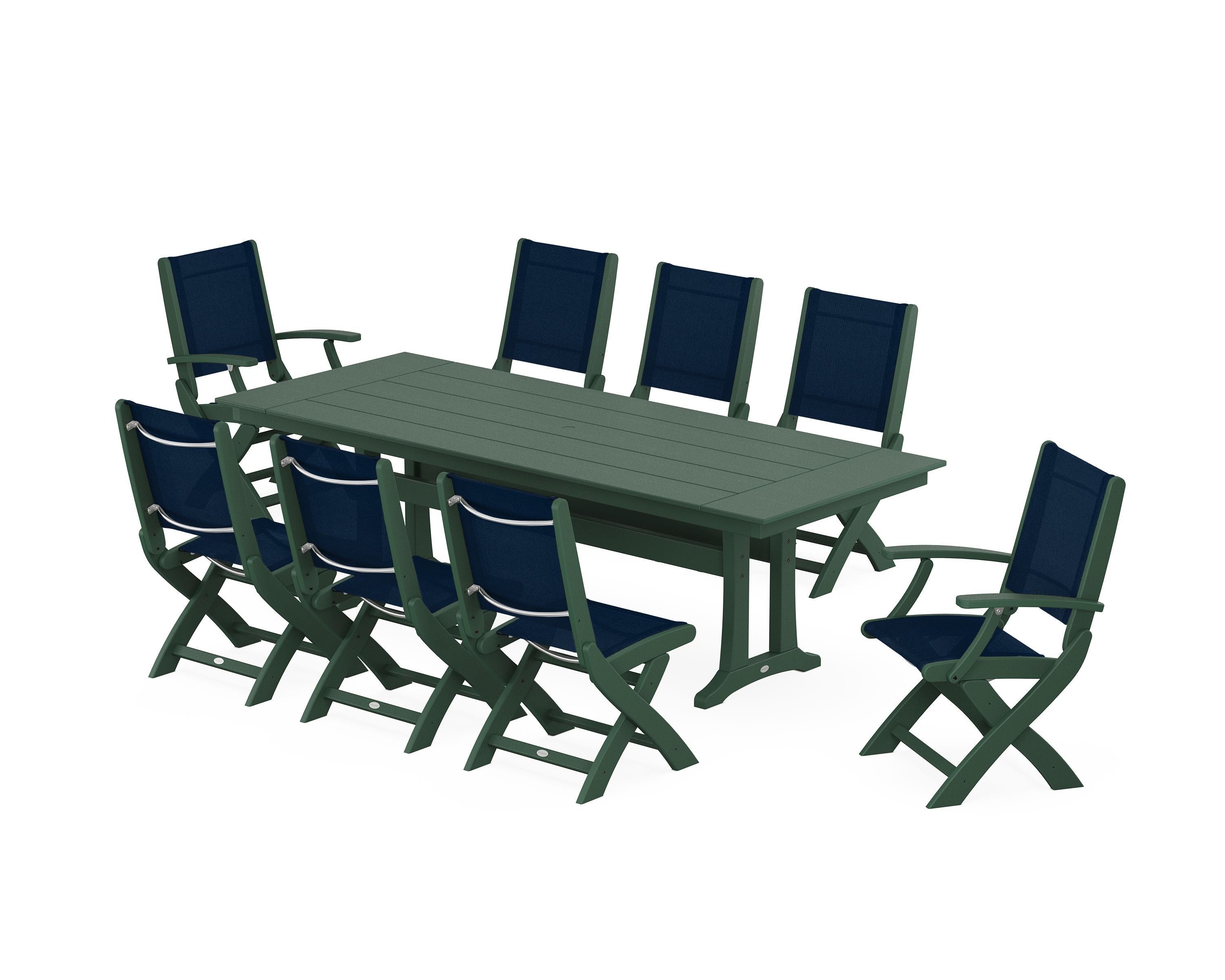 POLYWOOD Coastal 9-Piece Folding Dining Chair Farmhouse Dining Set with Trestle Legs in Green / Navy Blue Sling
