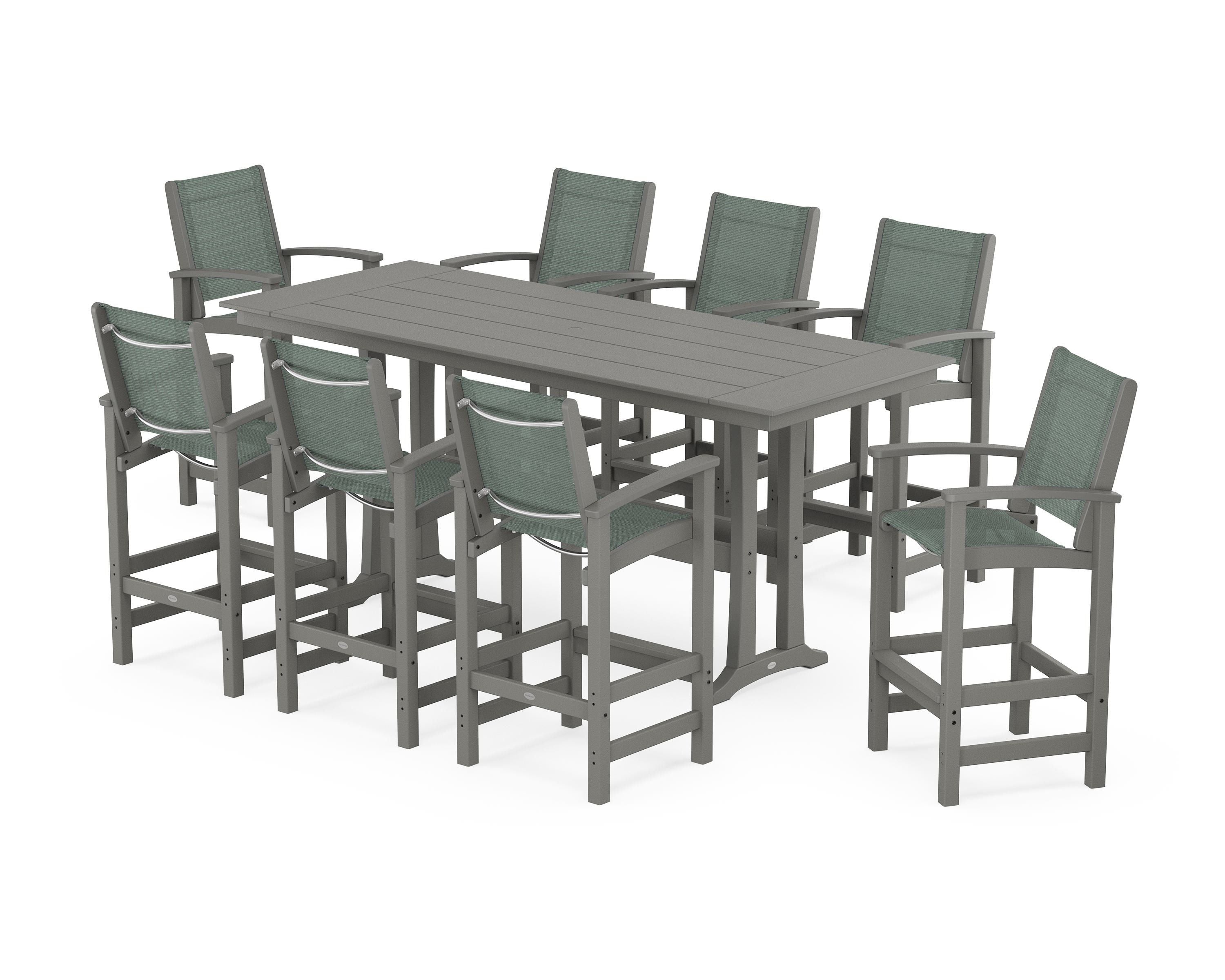 POLYWOOD Coastal 9-Piece Farmhouse Bar Set with Trestle Legs in Slate Grey / Dupioni Sea Mist Sling