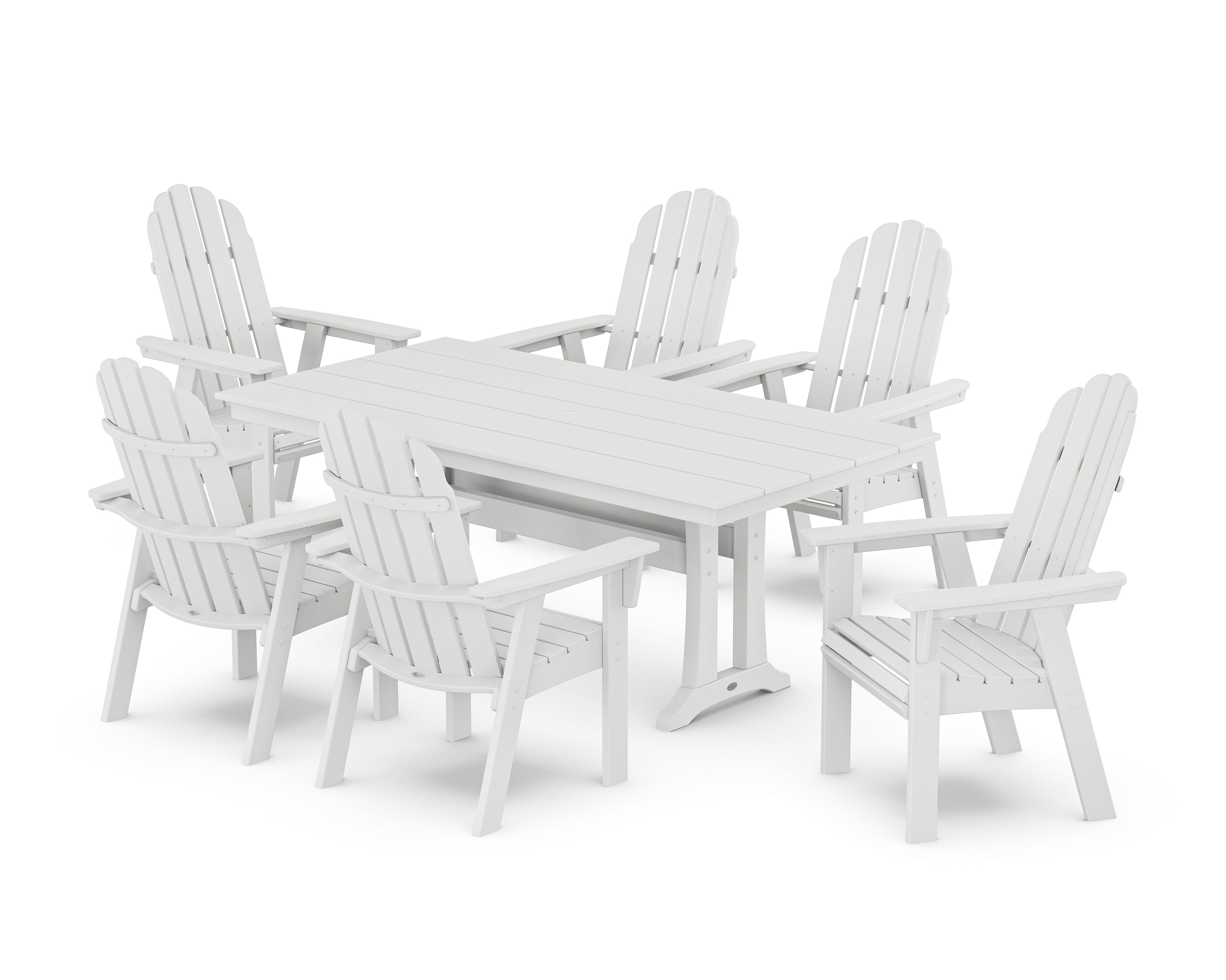 POLYWOOD Vineyard Curveback Adirondack Chair 7-Piece Farmhouse Dining Set with Trestle Legs in White