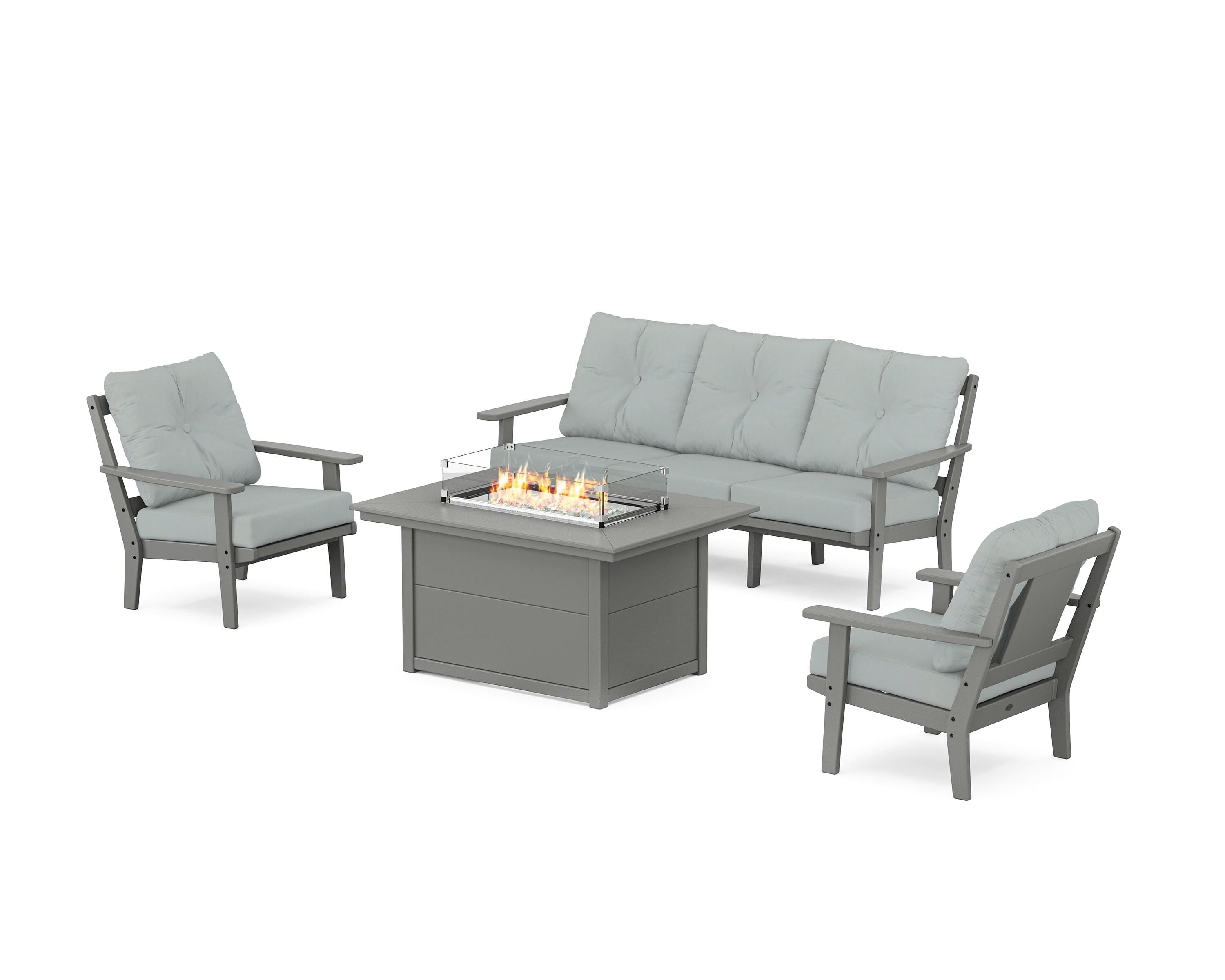 POLYWOOD Prairie Deep Seating Fire Pit Table Set in Slate Grey / Spa