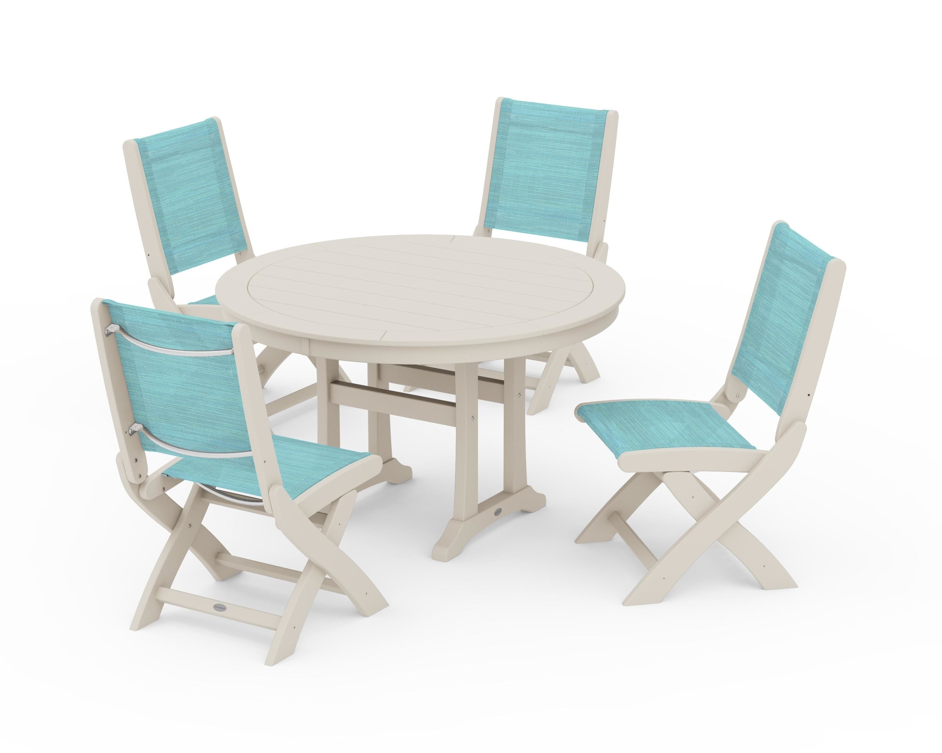POLYWOOD Coastal Folding Side Chair 5-Piece Round Dining Set With Trestle Legs in Sand / Dupioni Aquamarine Sling