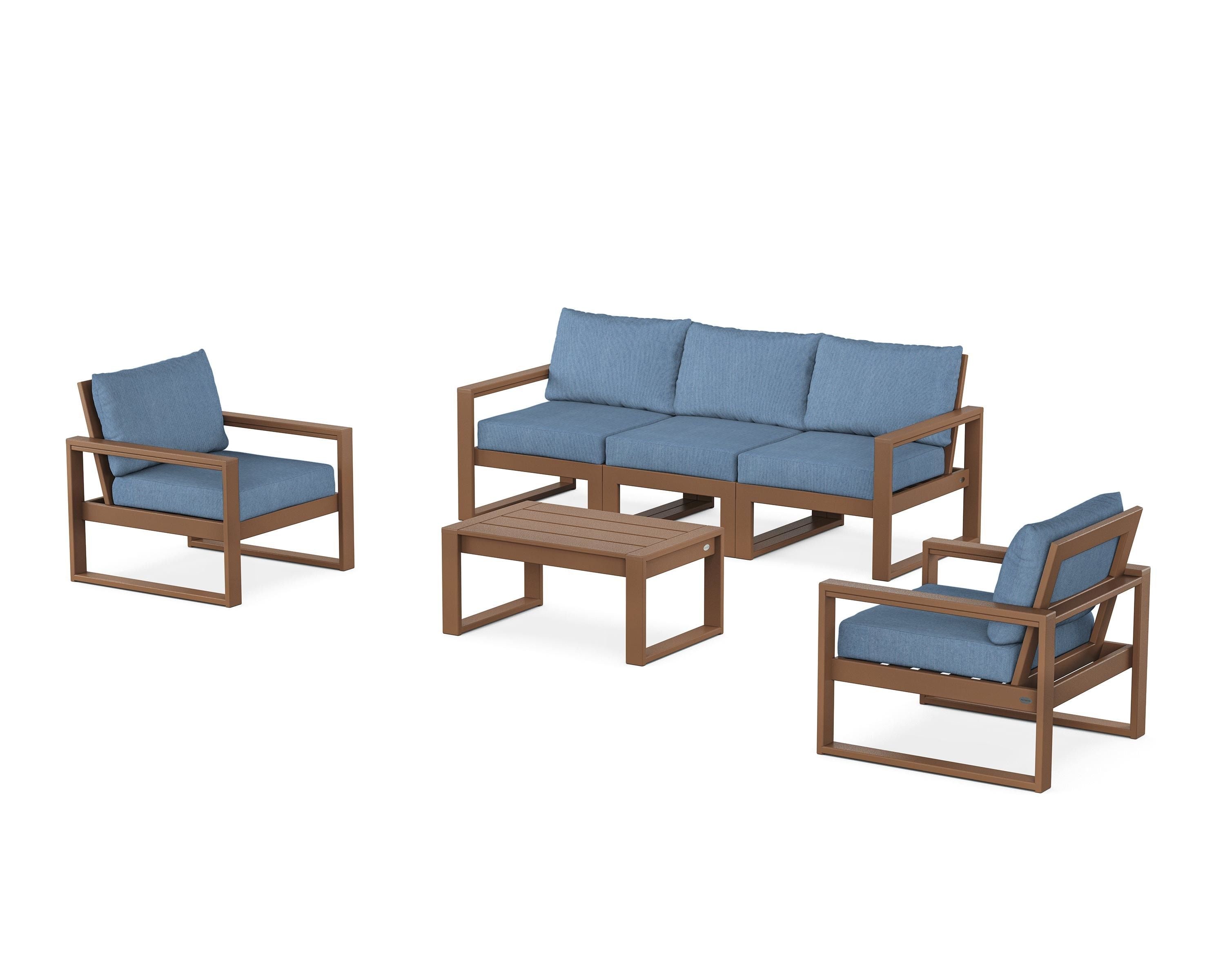 POLYWOOD EDGE Sectional 4-Piece Deep Seating Set with Sofa in Teak / Sky Blue