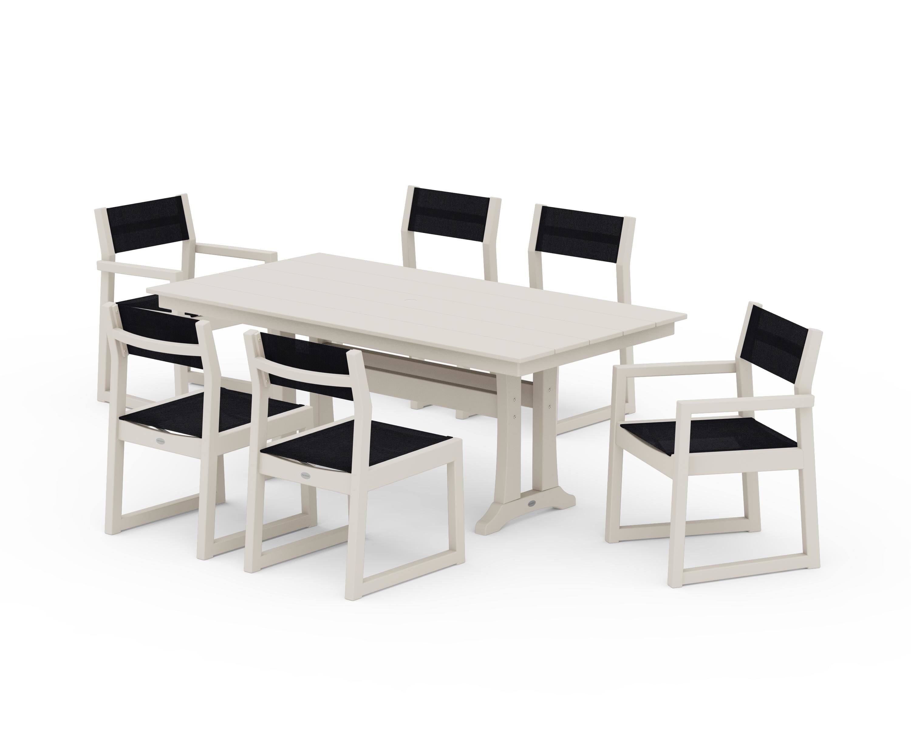 POLYWOOD EDGE Sling 7-Piece Farmhouse Trestle Dining Set in Sand / Black Sling