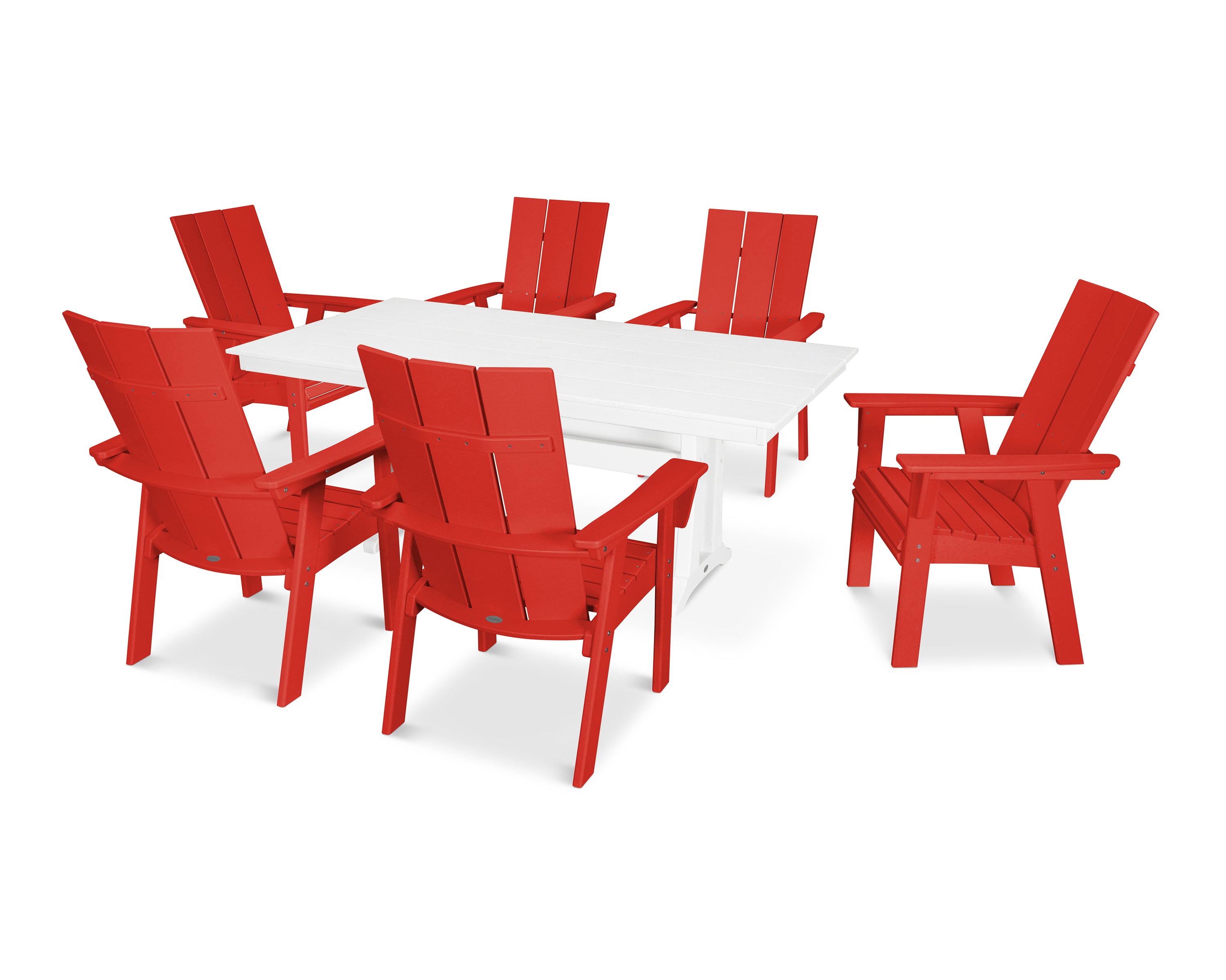 POLYWOOD® Modern Curveback Adirondack 7-Piece Farmhouse Dining Set with Trestle Legs in Sunset Red / White