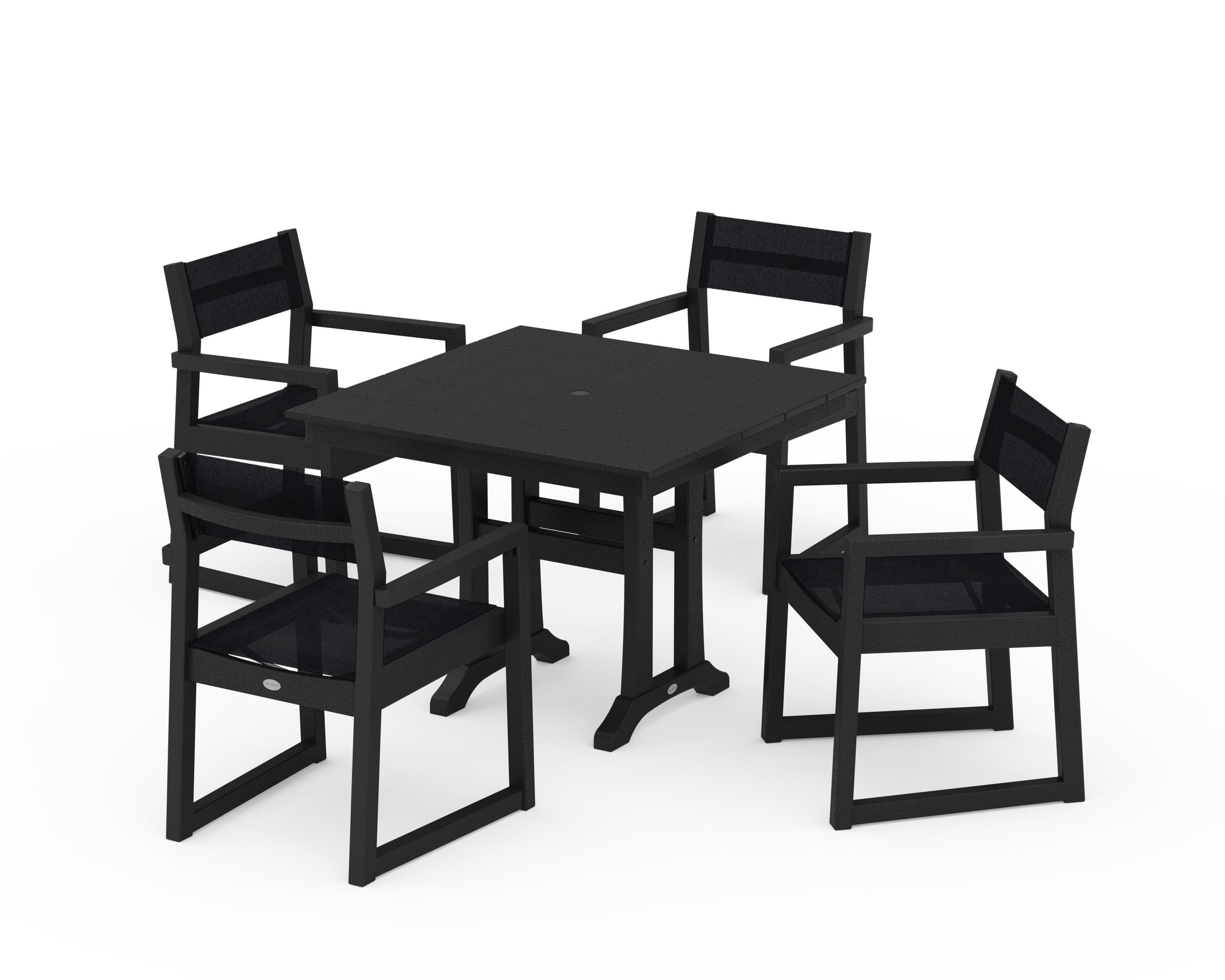 POLYWOOD EDGE Sling 5-Piece Farmhouse Dining Set with Trestle Legs in Black / Black Sling