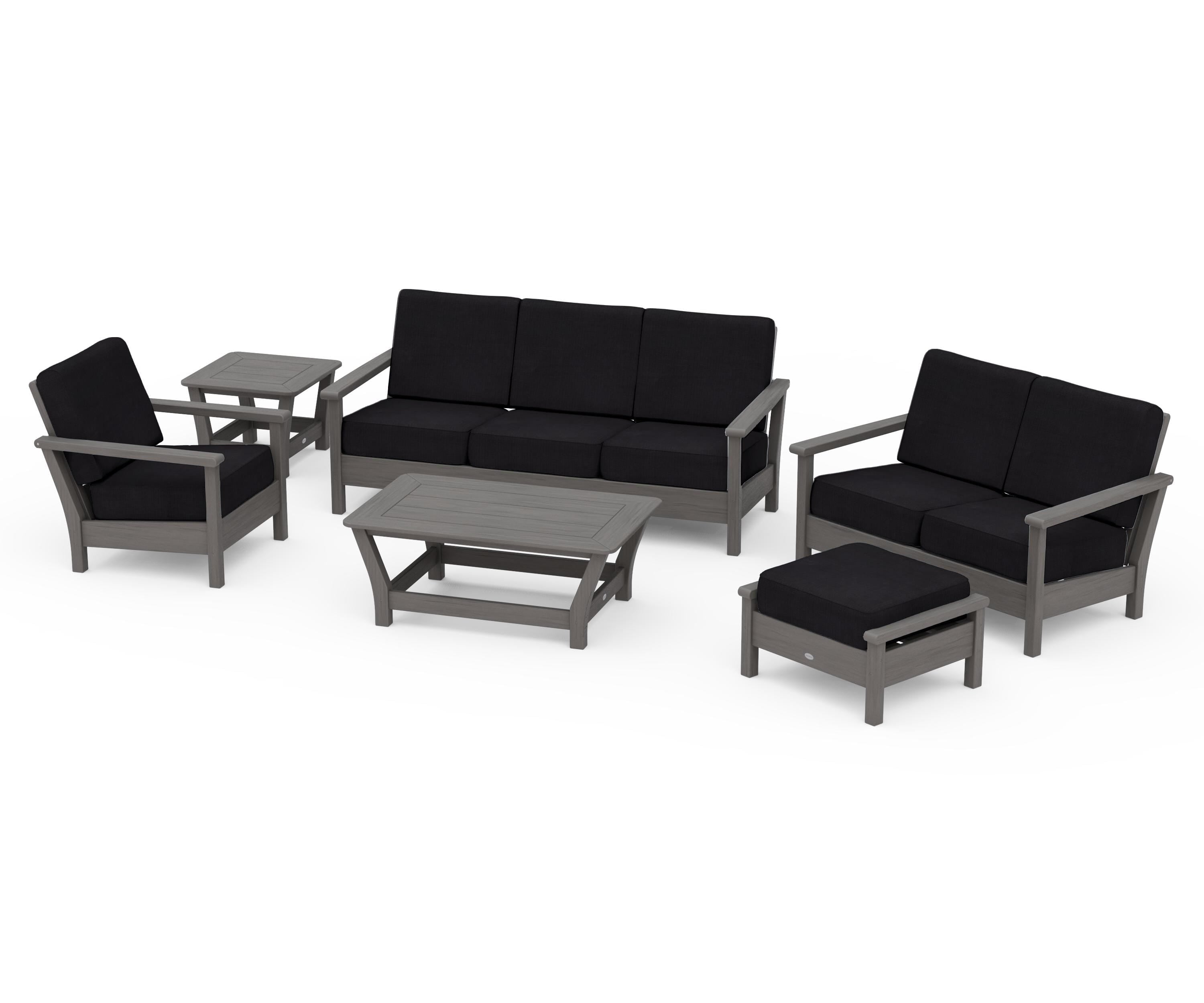 POLYWOOD Harbour 6-Piece Outdoor Living Set in Driftwood / Midnight Linen