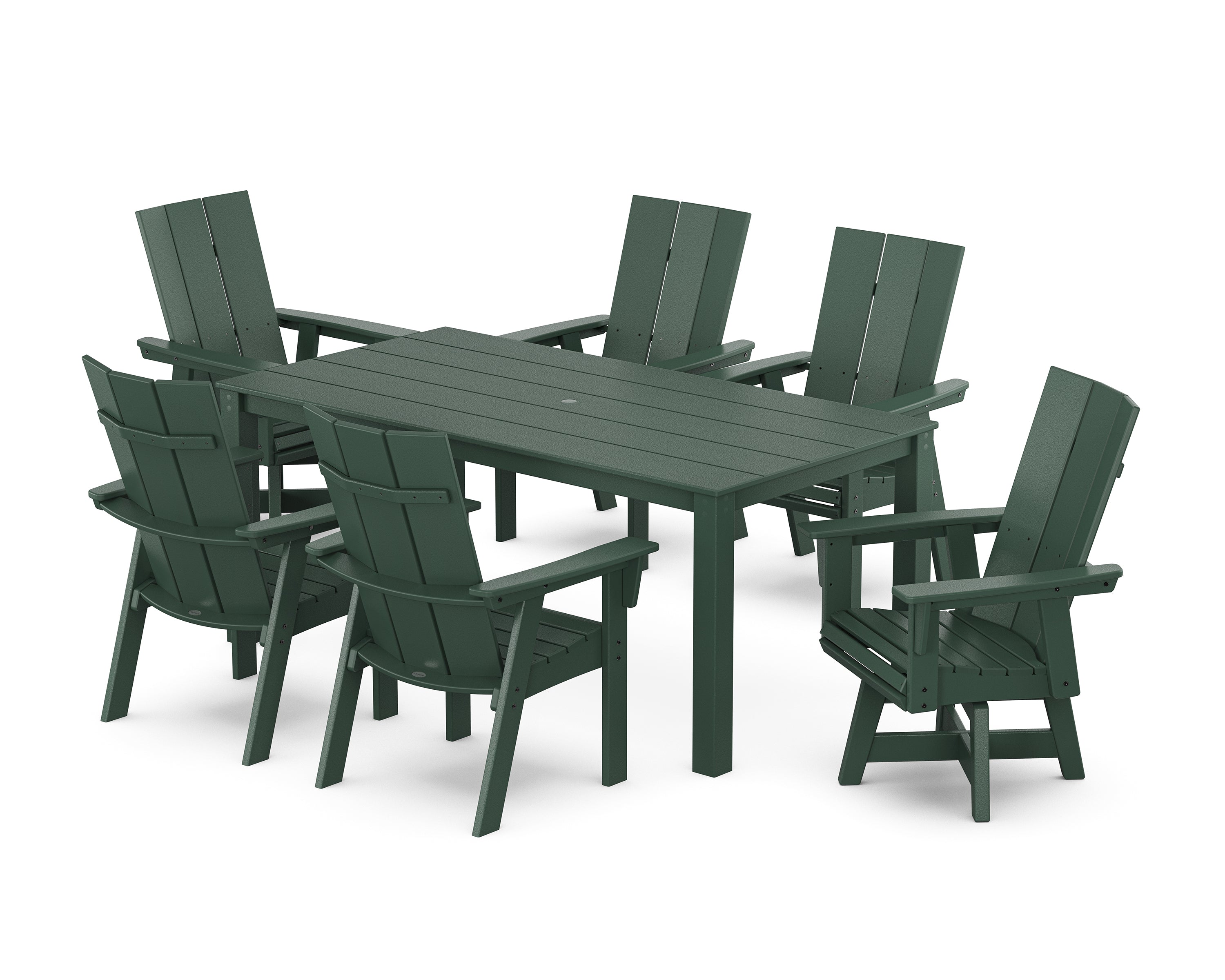 POLYWOOD® Modern Curveback Adirondack 7-Piece Parsons Swivel Dining Set in Green