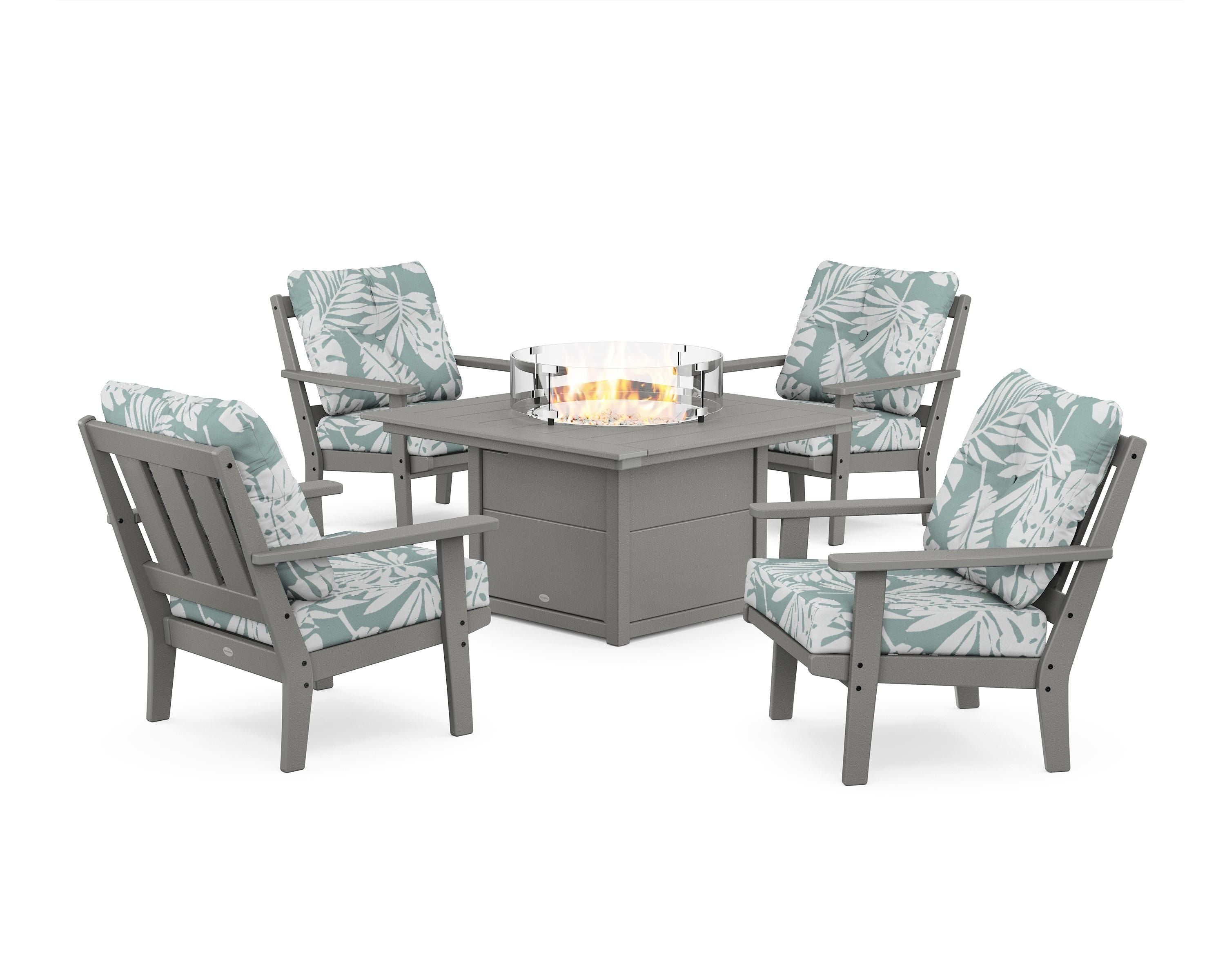 POLYWOOD Oxford 5-Piece Deep Seating Set with Fire Pit Table in Slate Grey / Leaf Glacier Spa