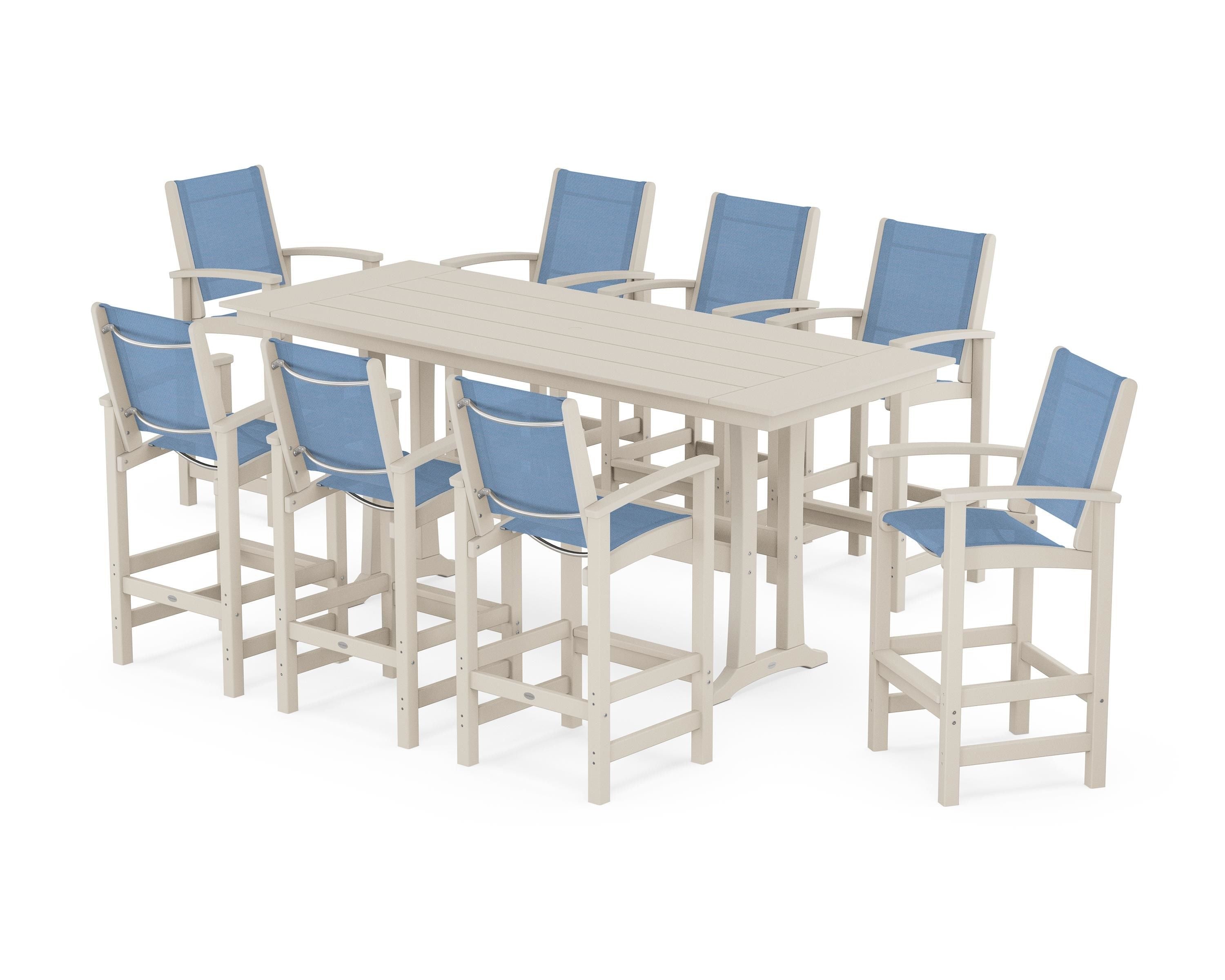 POLYWOOD Coastal 9-Piece Farmhouse Bar Set with Trestle Legs in Sand / Poolside Sling