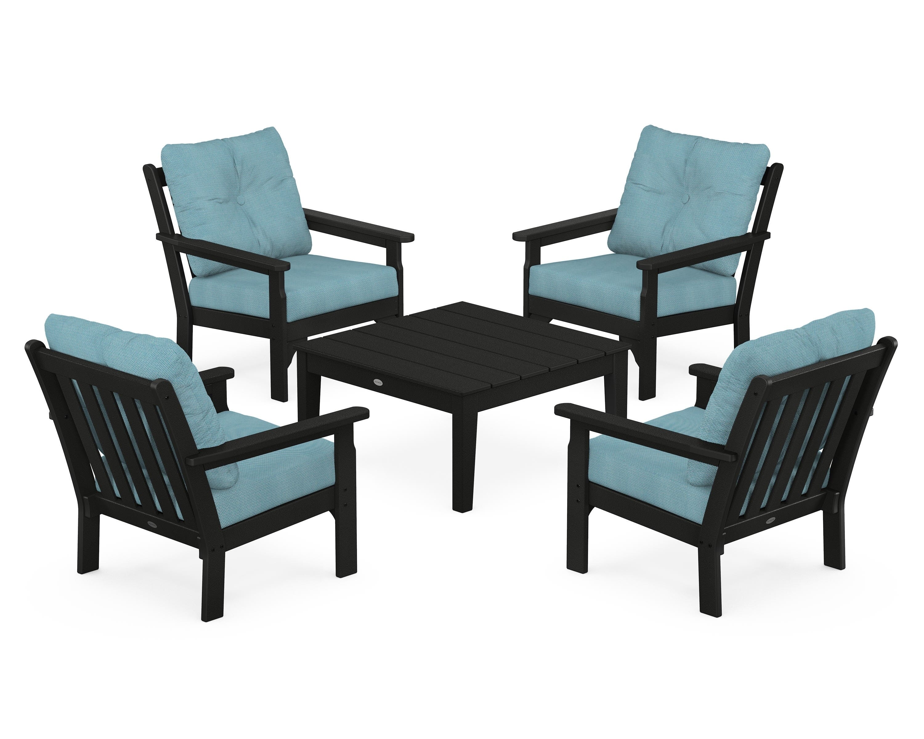 POLYWOOD Vineyard 5-Piece Deep Seating Conversation Set in Black / Lattice Sky Blue