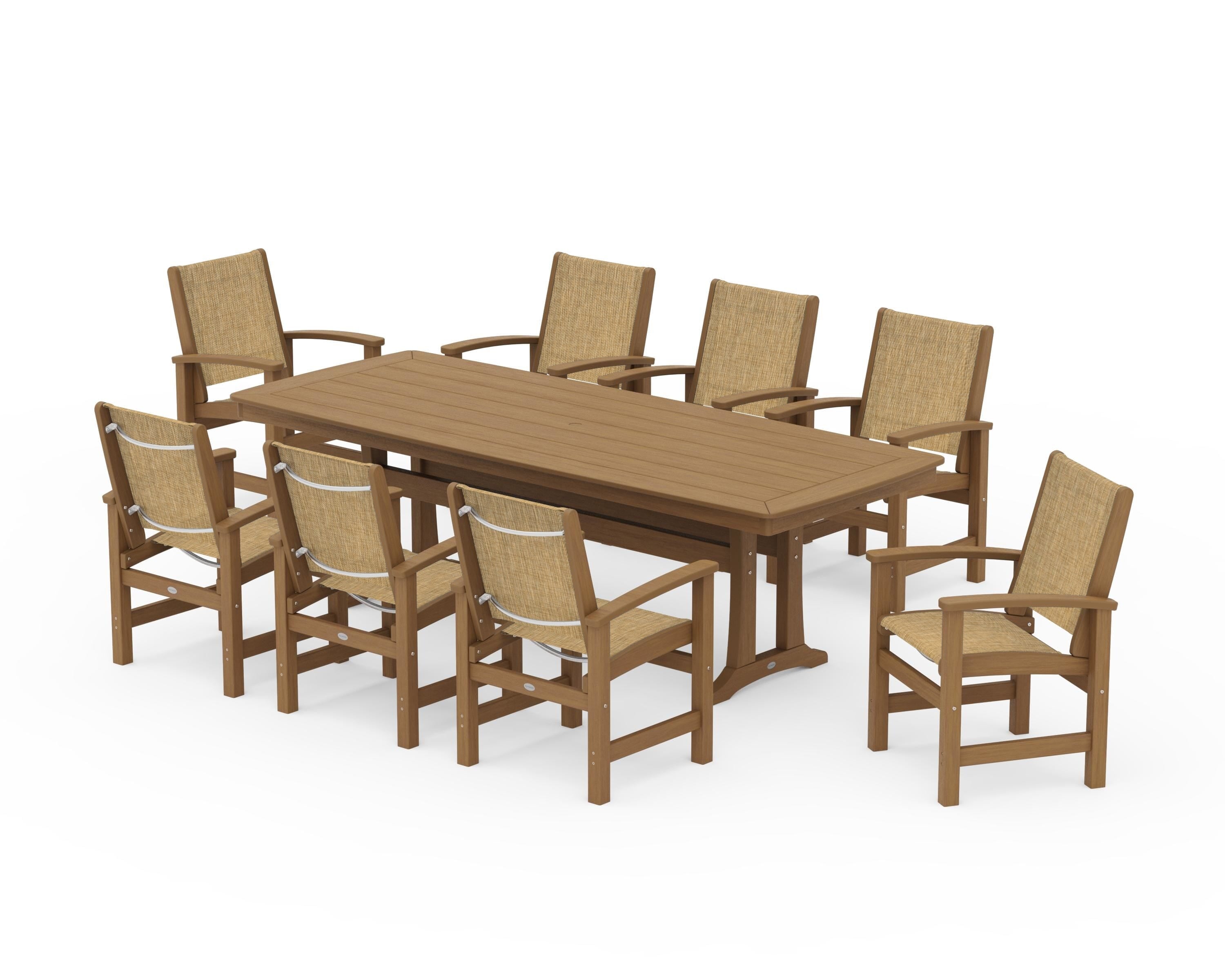 POLYWOOD Coastal 9-Piece Dining Set with Trestle Legs in Natural / Burlap Sling