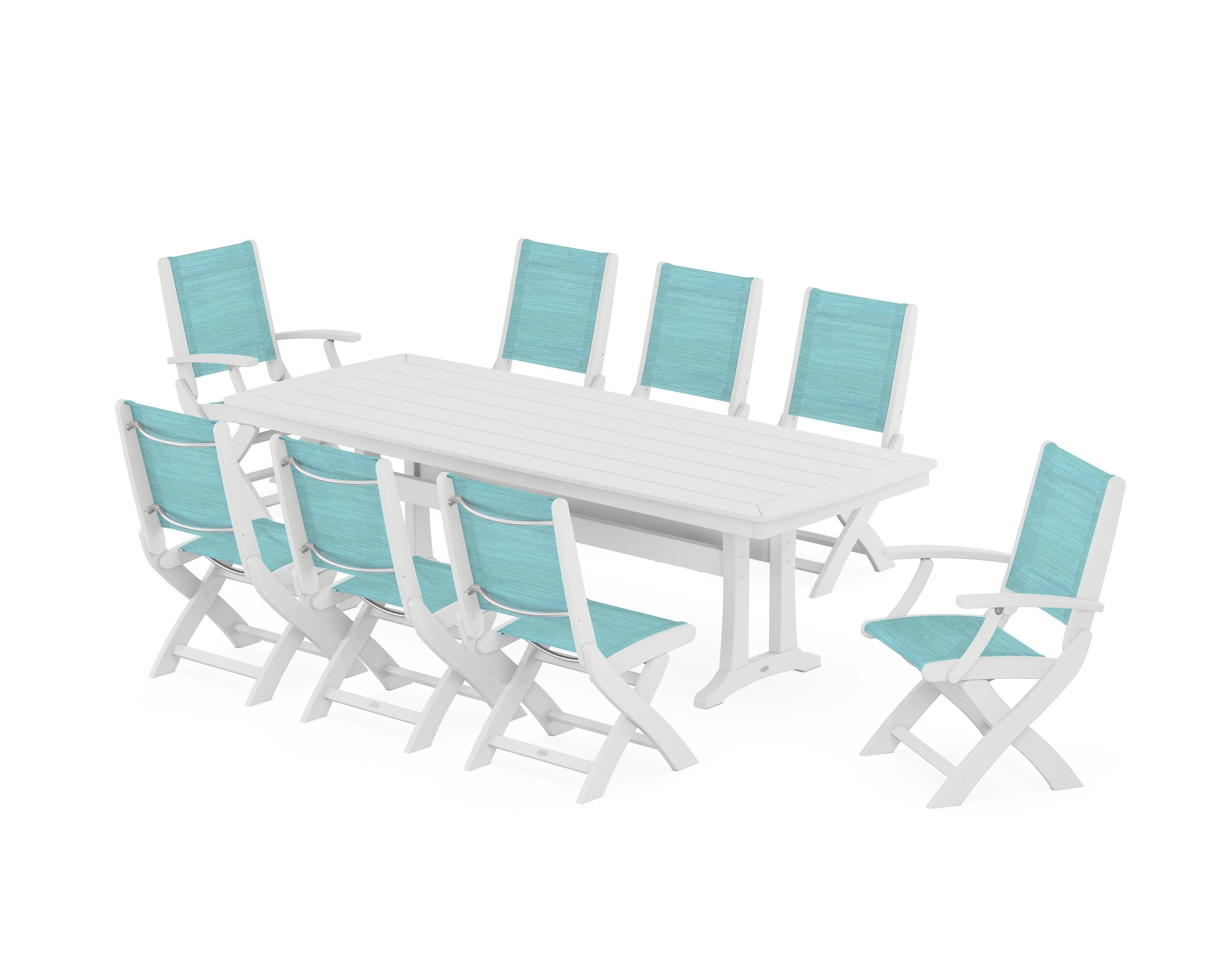 POLYWOOD Coastal Folding 9-Piece Dining Set with Trestle Legs in White / Dupioni Aquamarine Sling