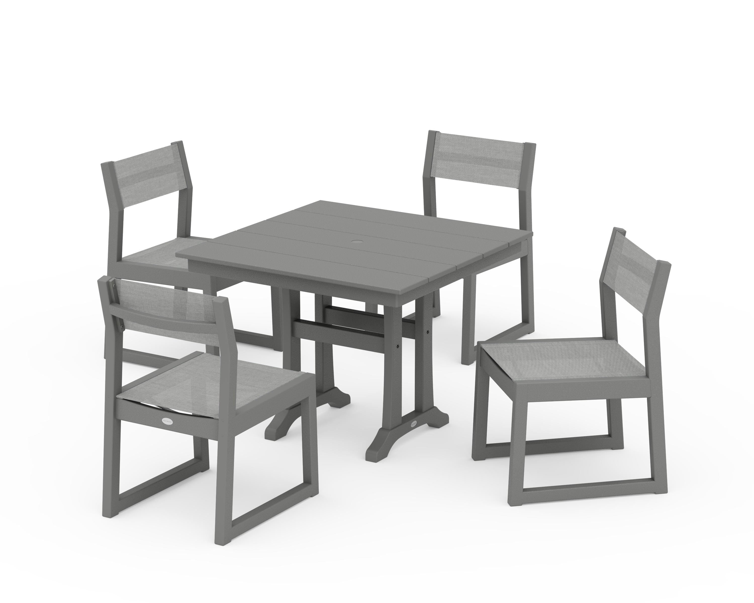 POLYWOOD EDGE Sling 5-Piece Farmhouse Trestle Side Chair Dining Set in Slate Grey / Metallic Sling