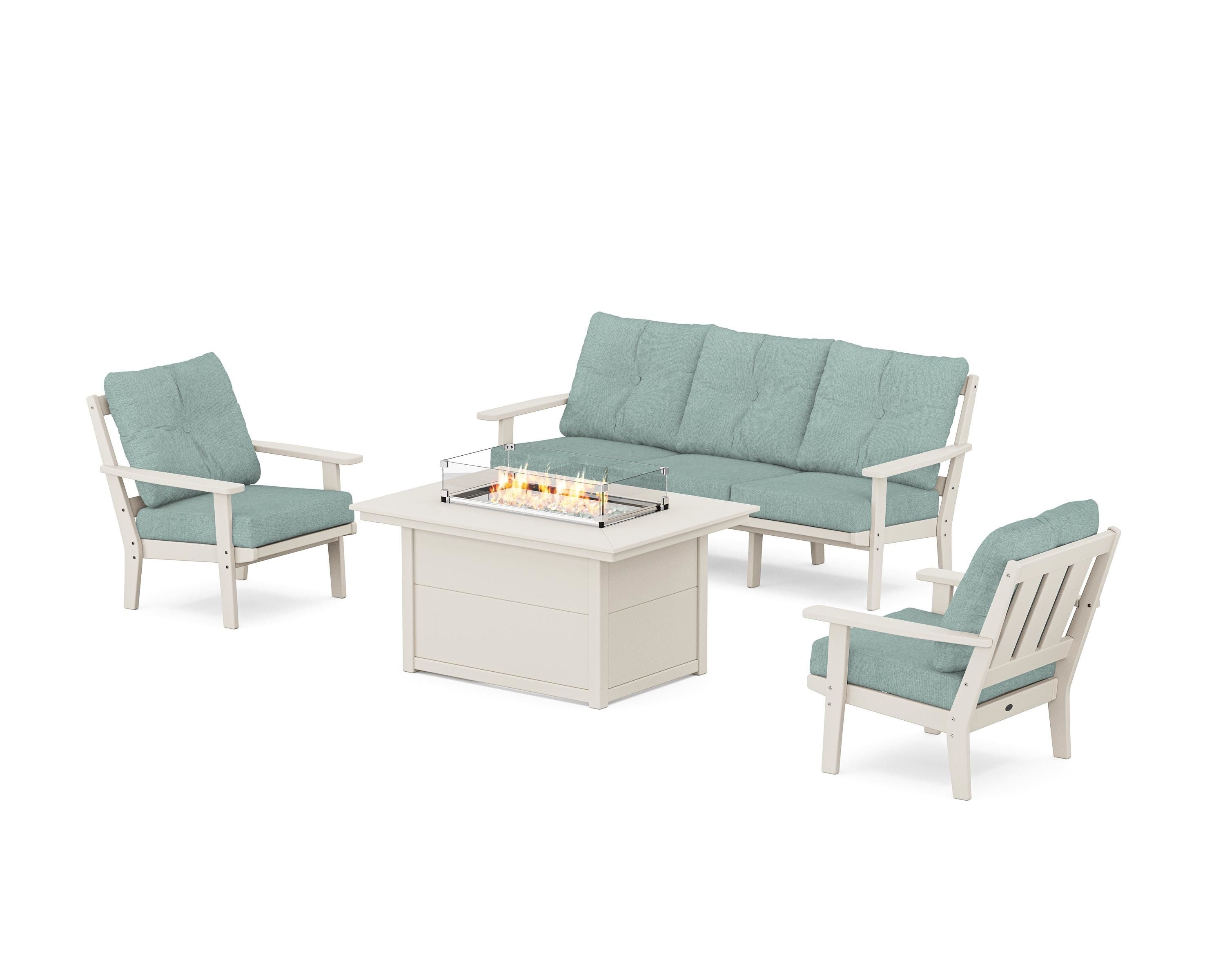 POLYWOOD Oxford Deep Seating Fire Pit Table Set in Sand / Glacier Spa
