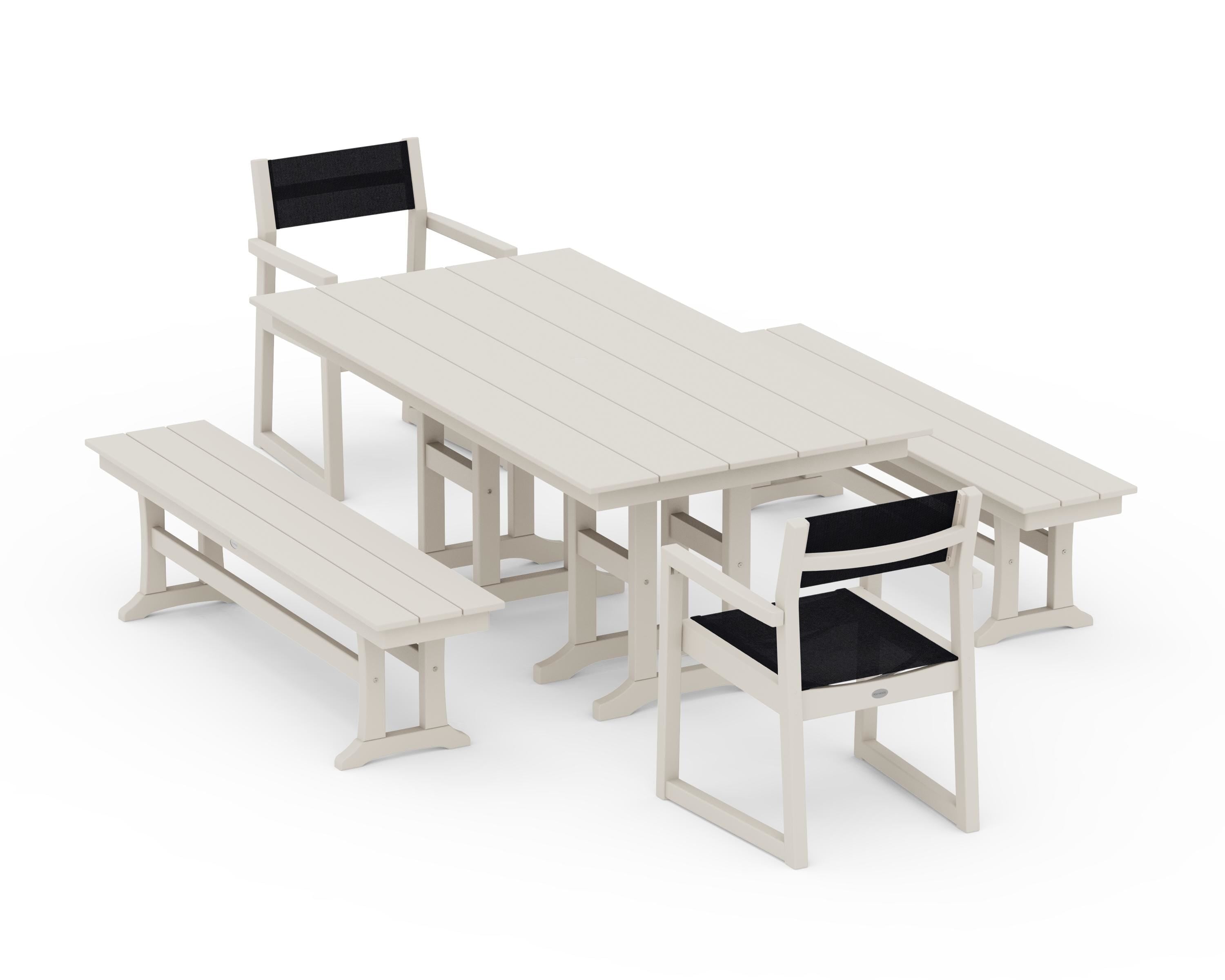 POLYWOOD EDGE Sling Arm Chair 5-Piece Farmhouse Dining Set with Benches in Sand / Black Sling