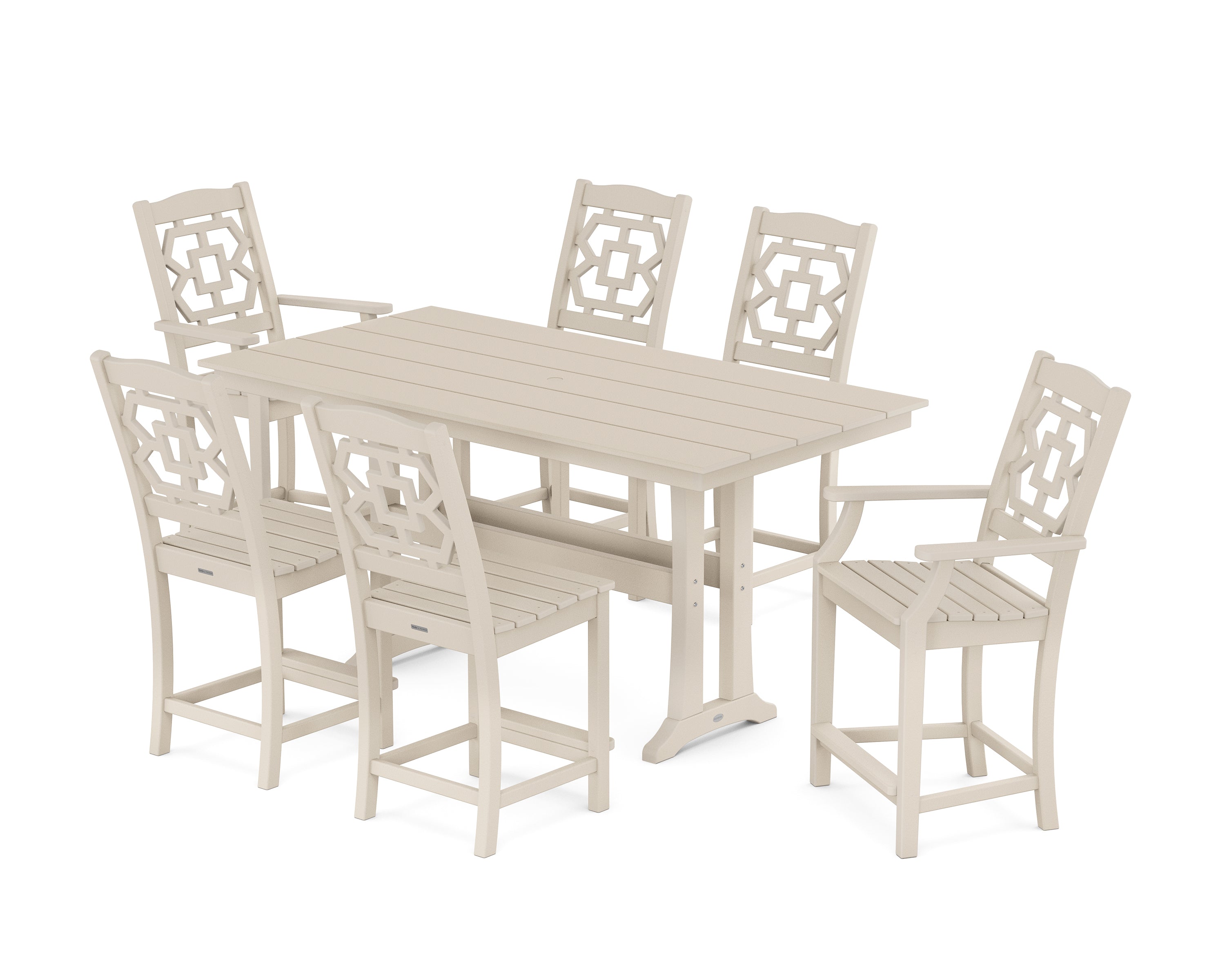 Martha Stewart by POLYWOOD® Chinoiserie 7-Piece Farmhouse Counter Set with Trestle Legs in Sand