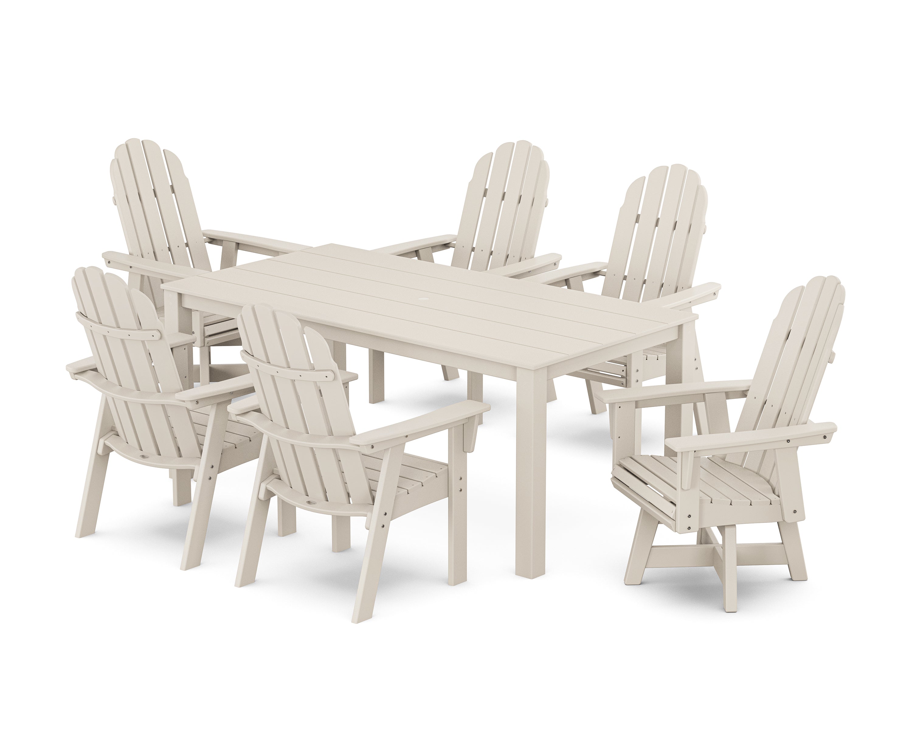 POLYWOOD® Vineyard Curveback Adirondack 7-Piece Parsons Swivel Dining Set in Sand